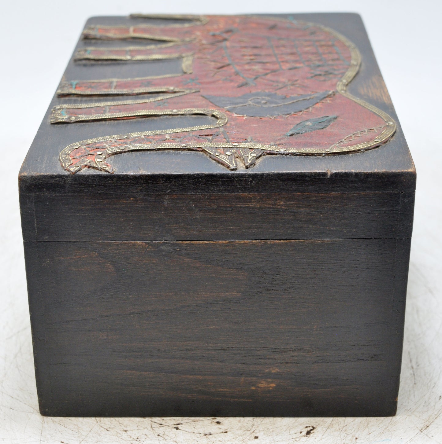 Vintage Wooden Storage Box Original Old Hand Crafted Elephant Metal Fitted