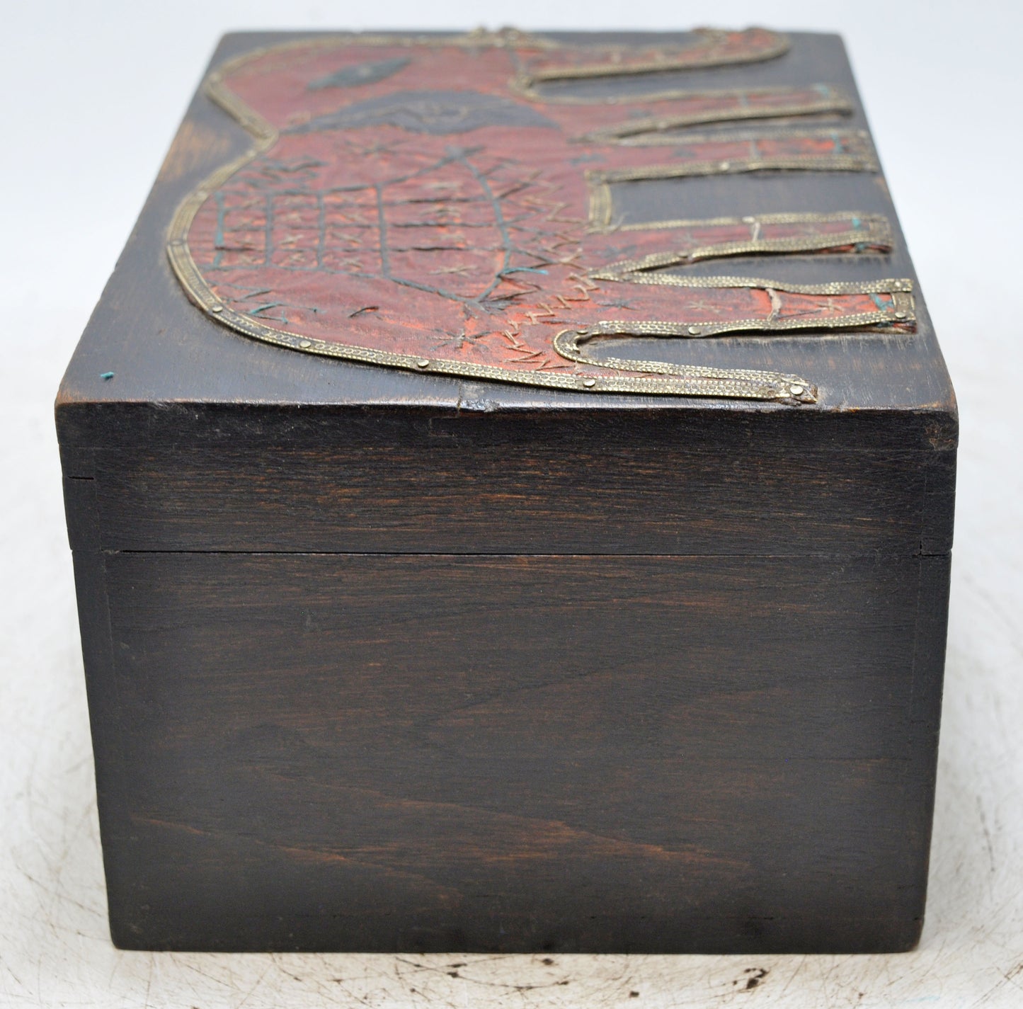 Vintage Wooden Storage Box Original Old Hand Crafted Elephant Metal Fitted