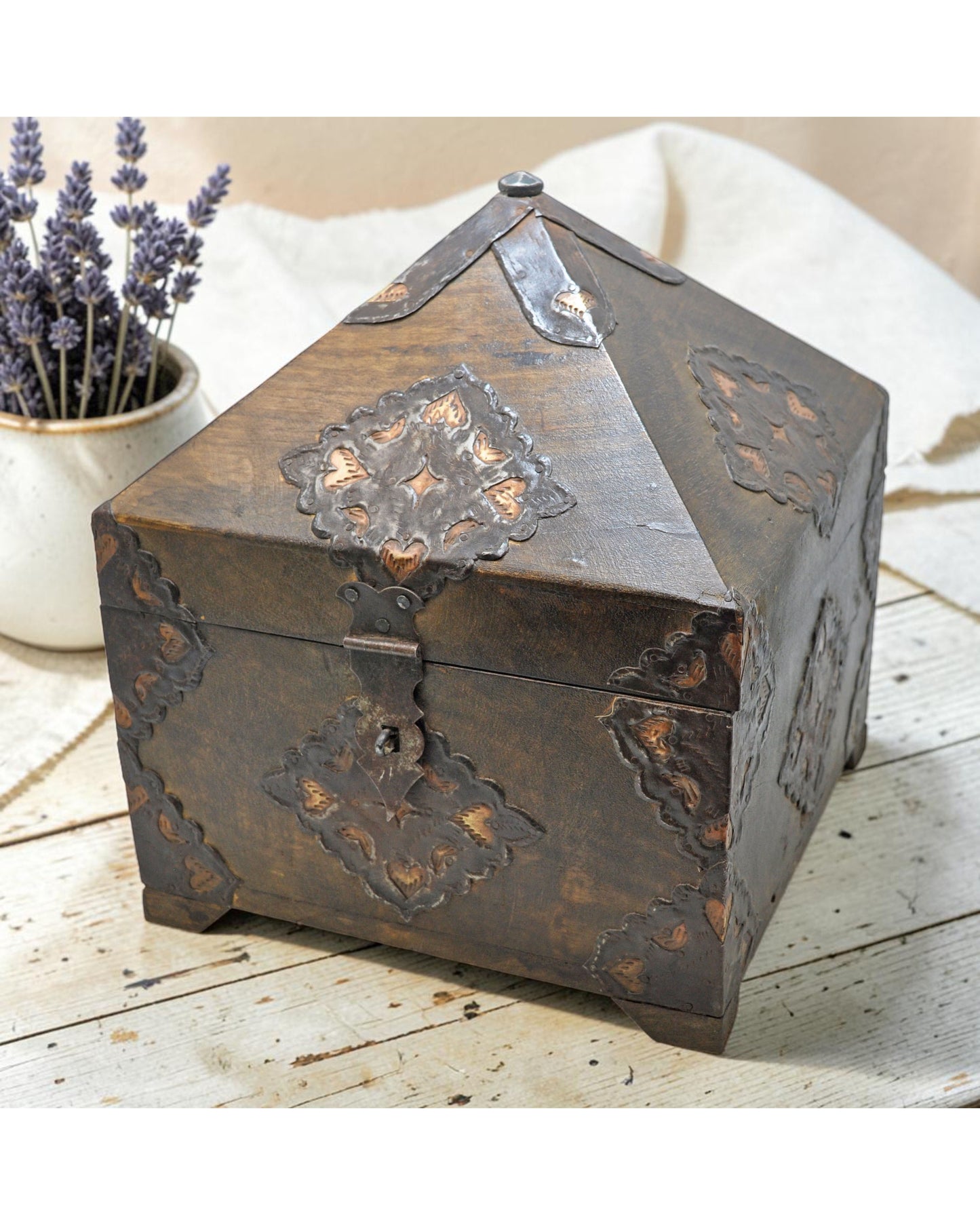 Antique Wooden Square Dome Shaped Storage Box Original Old Fine Metal Fitted