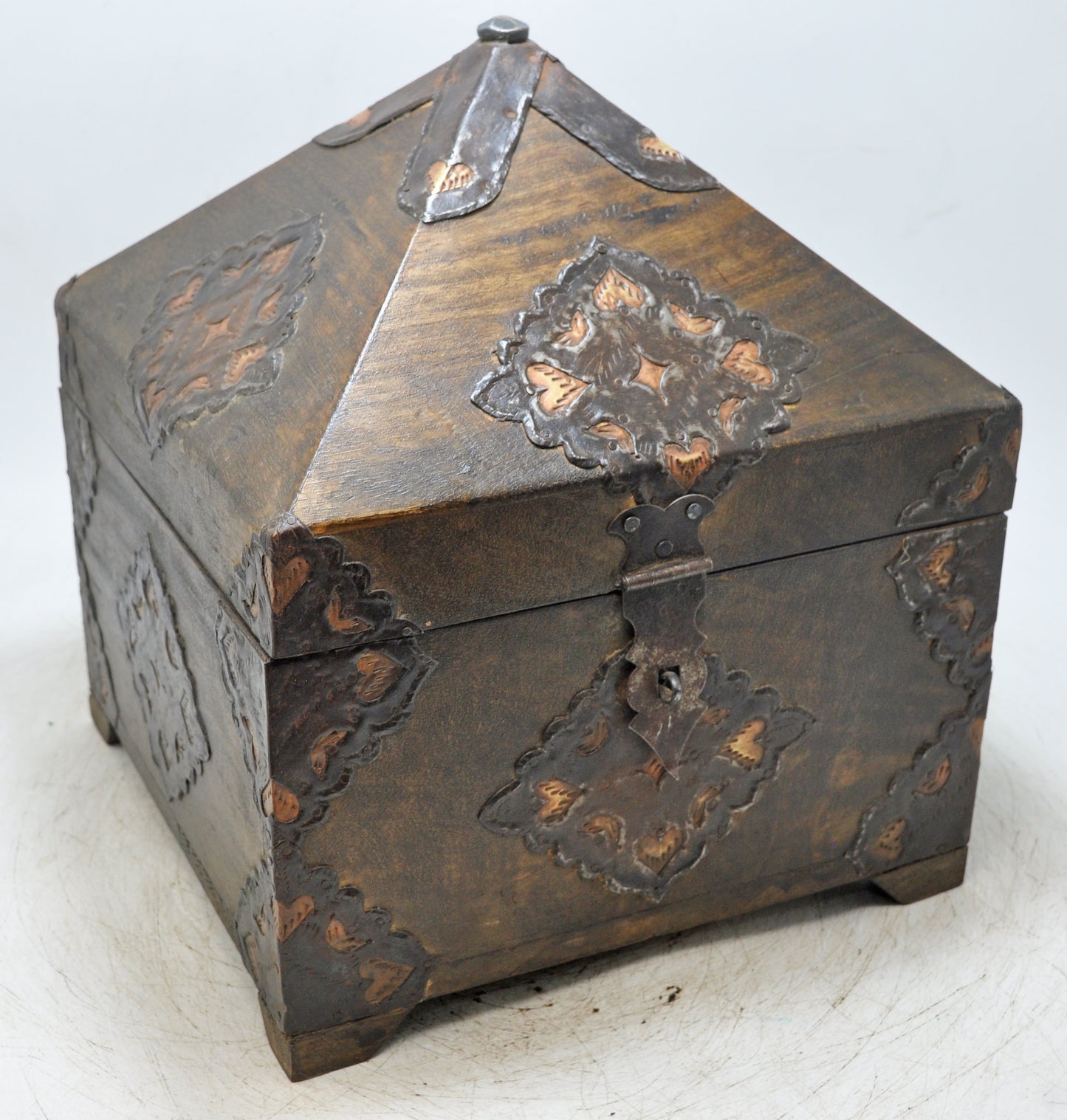 Antique Wooden Square Dome Shaped Storage Box Original Old Fine Metal Fitted