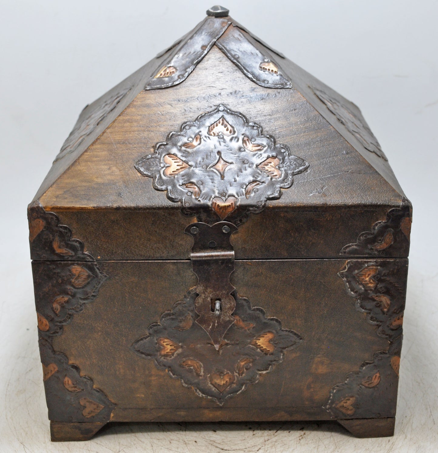 Antique Wooden Square Dome Shaped Storage Box Original Old Fine Metal Fitted