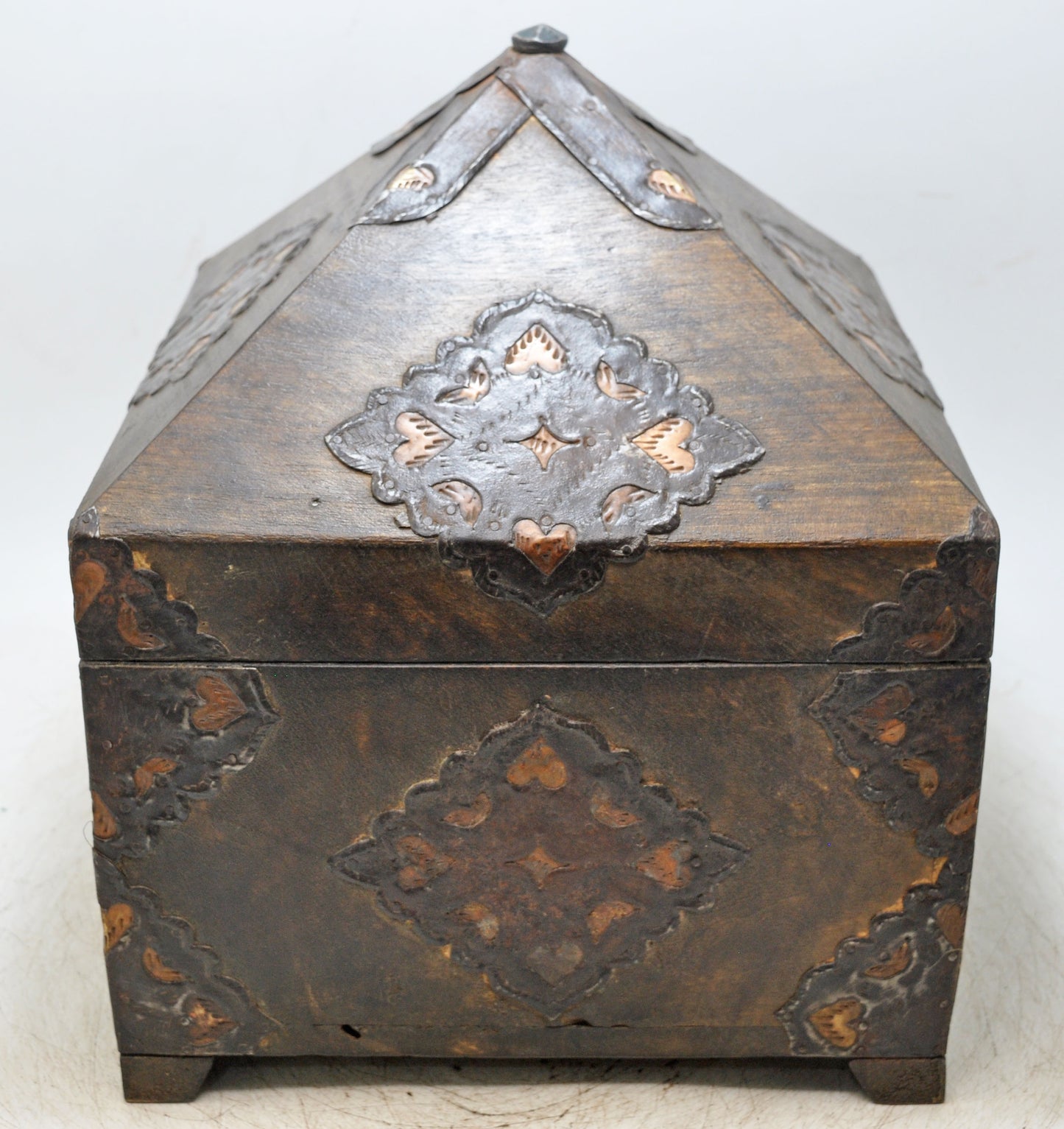 Antique Wooden Square Dome Shaped Storage Box Original Old Fine Metal Fitted