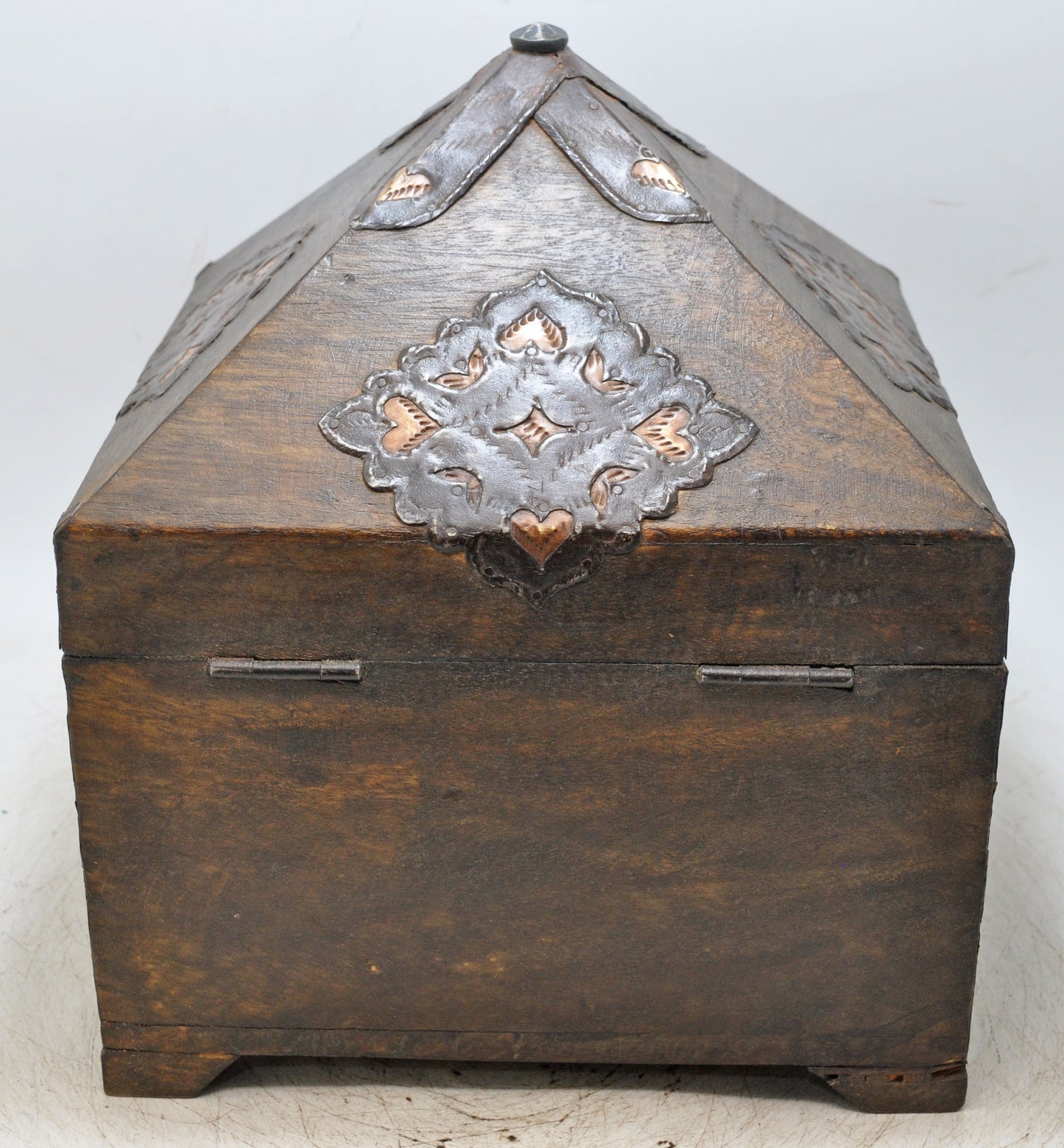 Antique Wooden Square Dome Shaped Storage Box Original Old Fine Metal Fitted