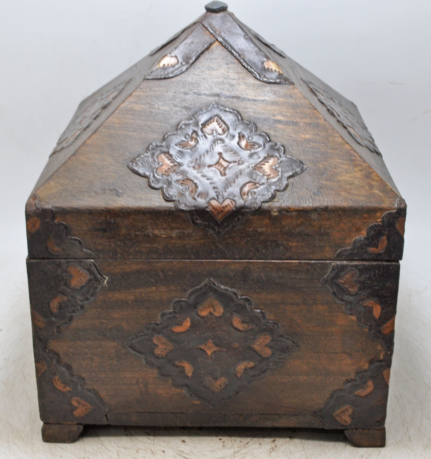 Antique Wooden Square Dome Shaped Storage Box Original Old Fine Metal Fitted