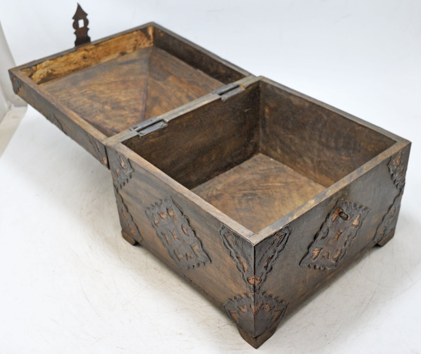 Antique Wooden Square Dome Shaped Storage Box Original Old Fine Metal Fitted