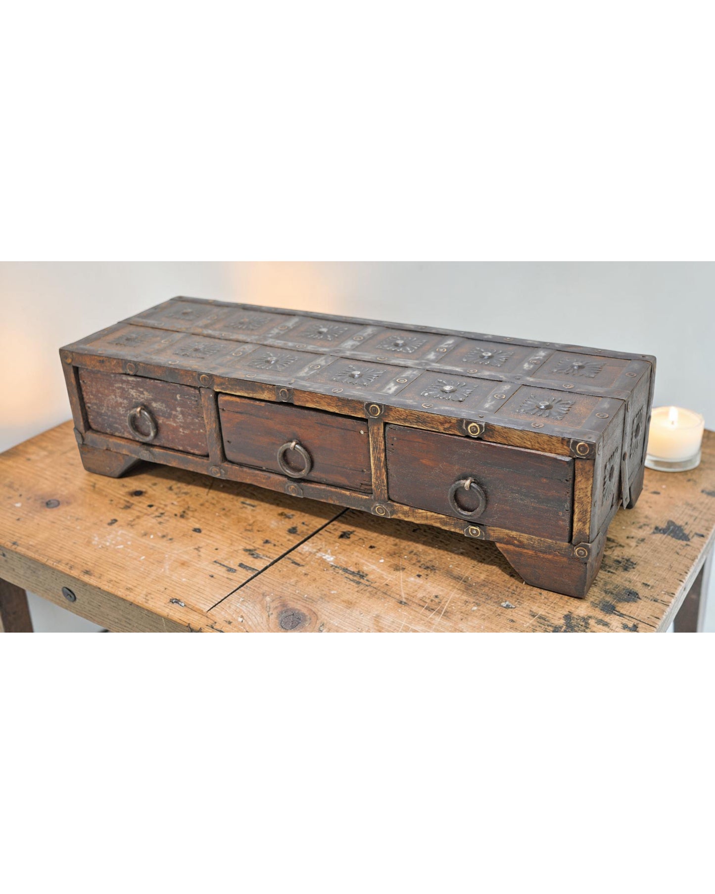 Vintage Wooden 3 Drawers Storage Box Original Old Fine Metal Fitted