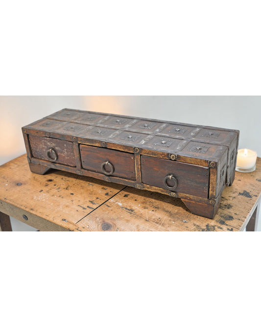 Vintage Wooden 3 Drawers Storage Box Original Old Fine Metal Fitted