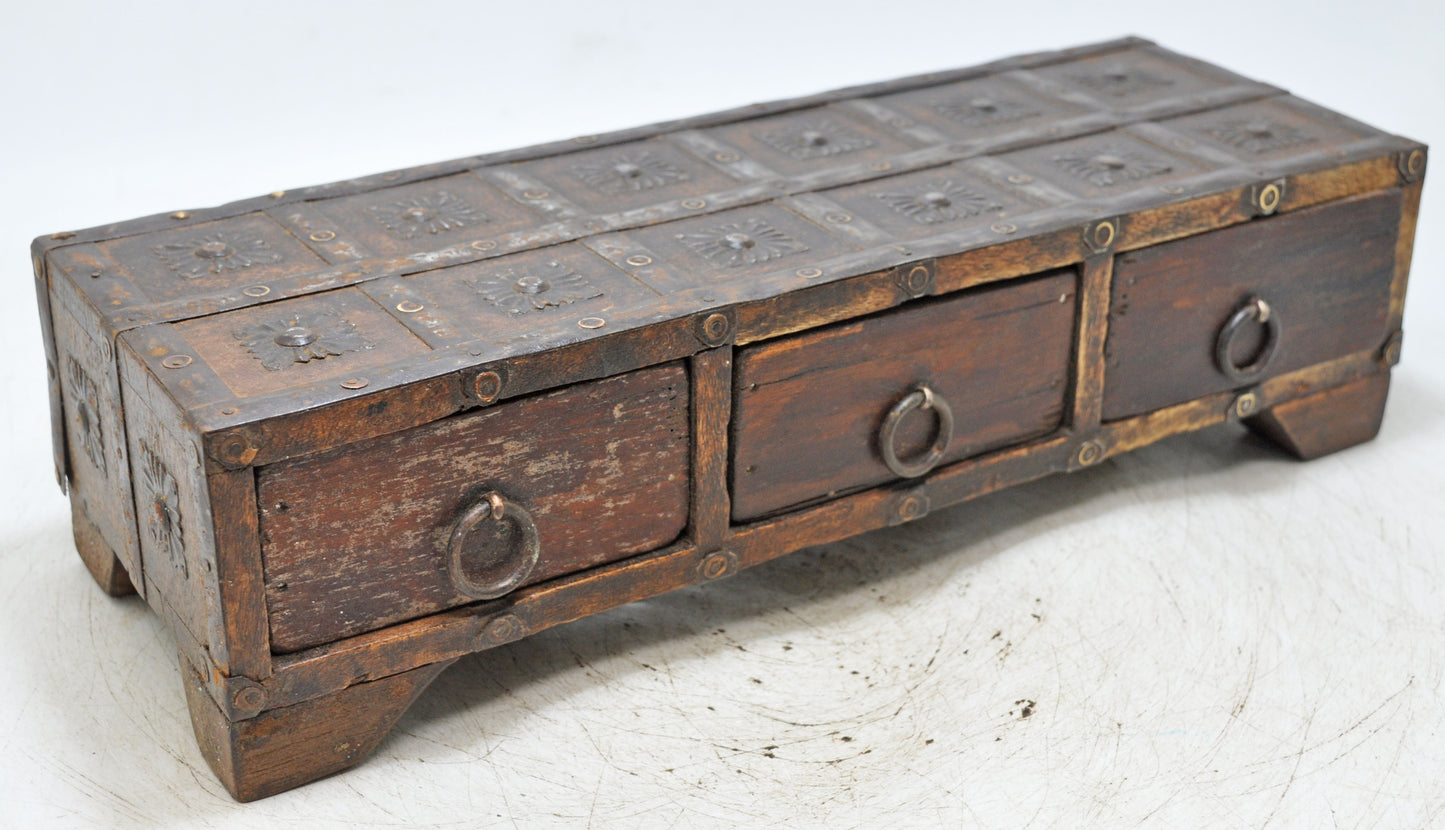 Vintage Wooden 3 Drawers Storage Box Original Old Fine Metal Fitted