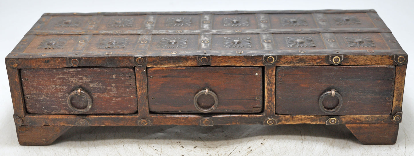Vintage Wooden 3 Drawers Storage Box Original Old Fine Metal Fitted