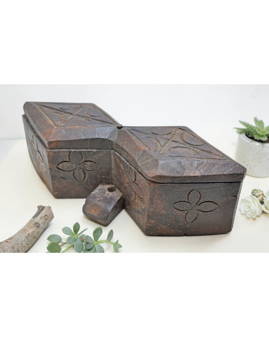 Antique Wooden Kitchenware Spice Box Original Old Hand Carved