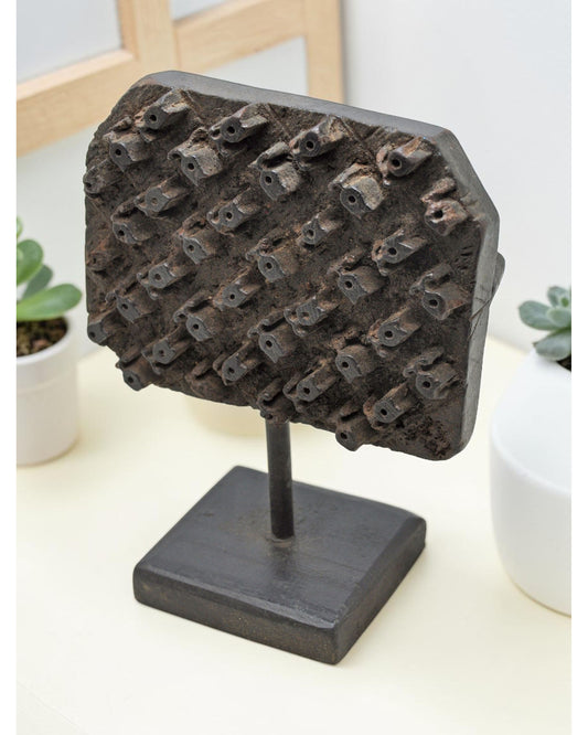 Antique Wooden Textile Printing Block Carving on Stand Original Old Hand Carved
