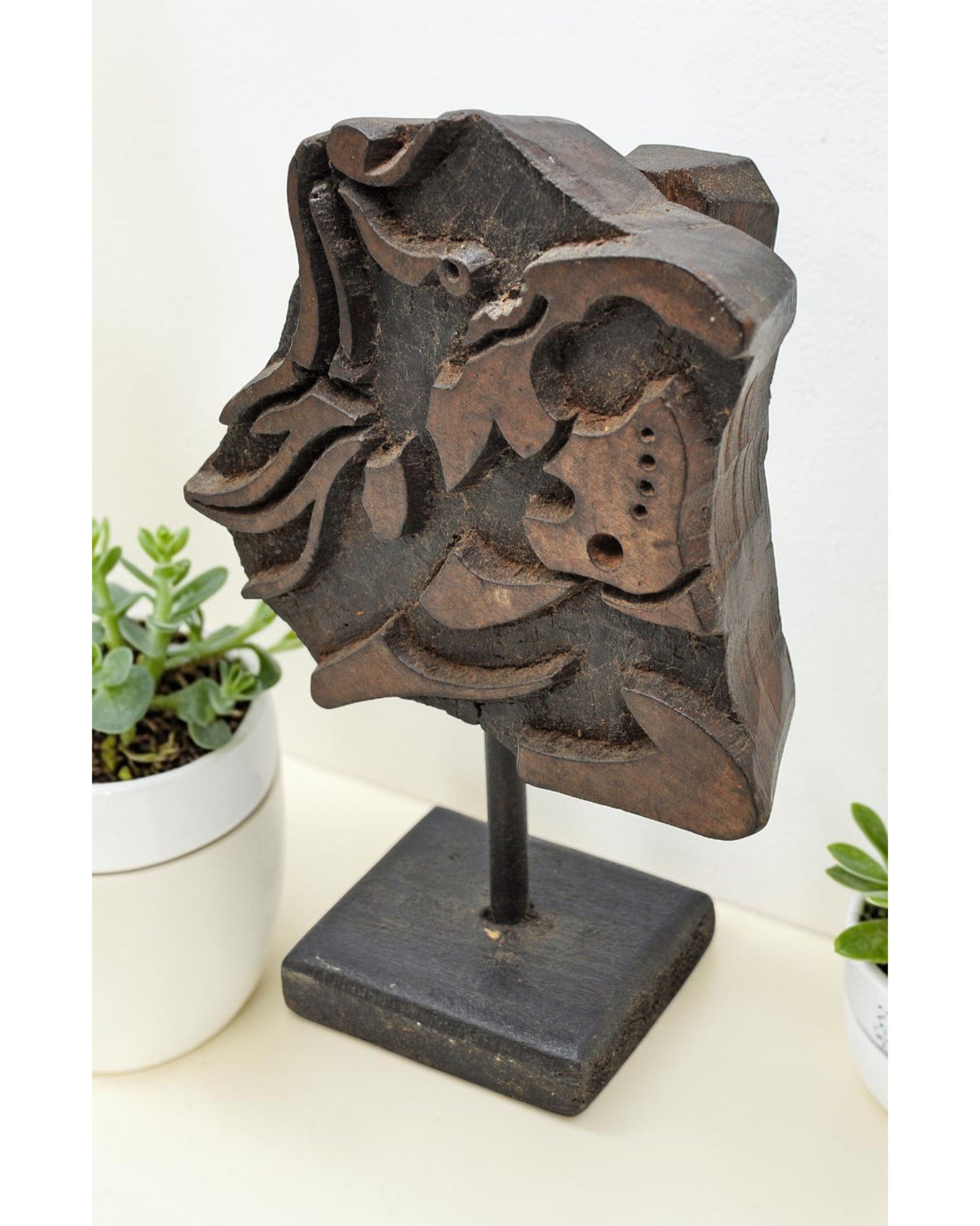 Antique Wooden Textile Printing Block Carving on Stand Original Old Hand Carved