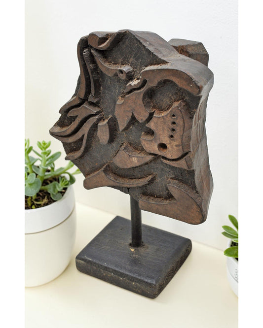 Antique Wooden Textile Printing Block Carving on Stand Original Old Hand Carved