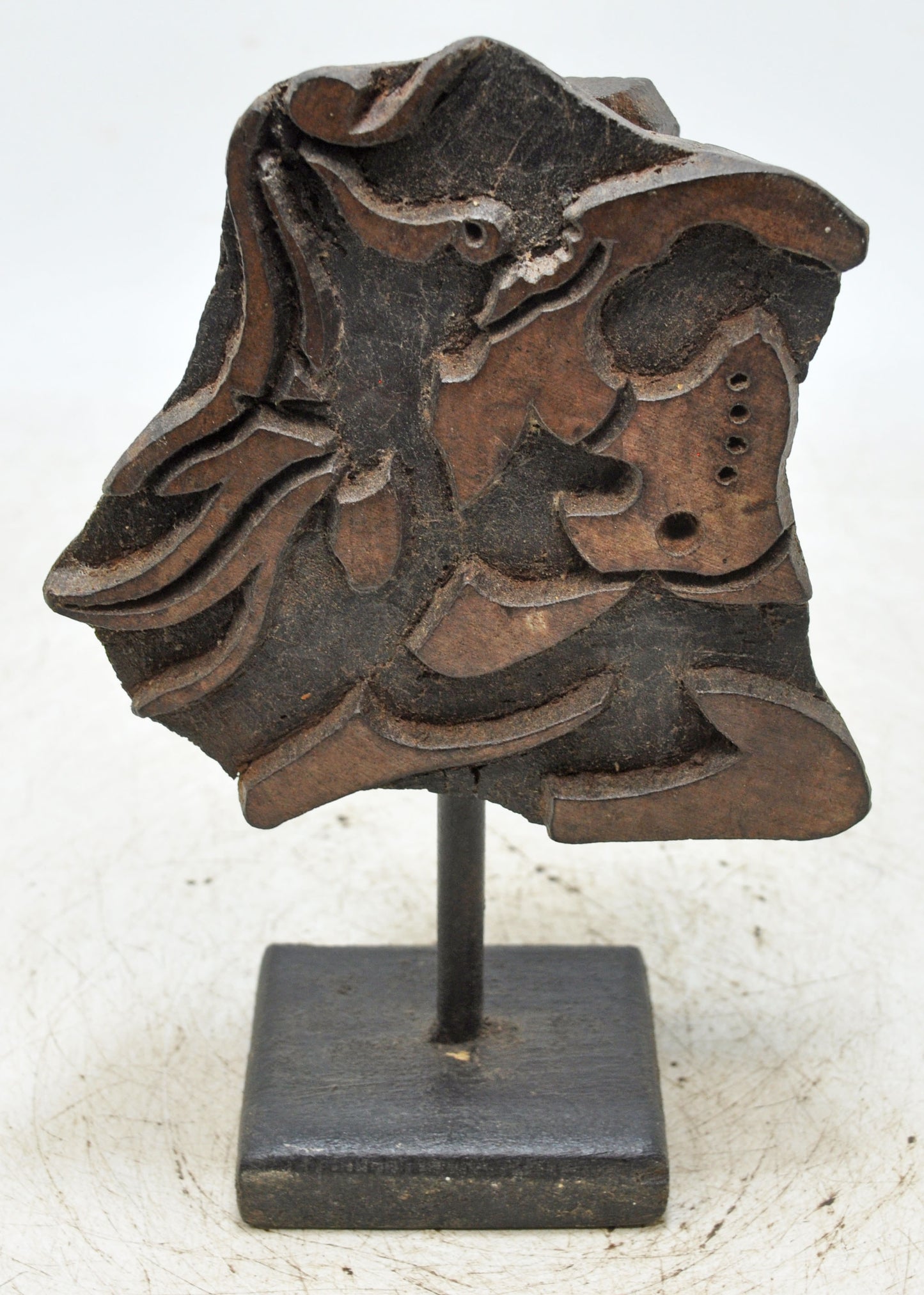 Antique Wooden Textile Printing Block Carving on Stand Original Old Hand Carved