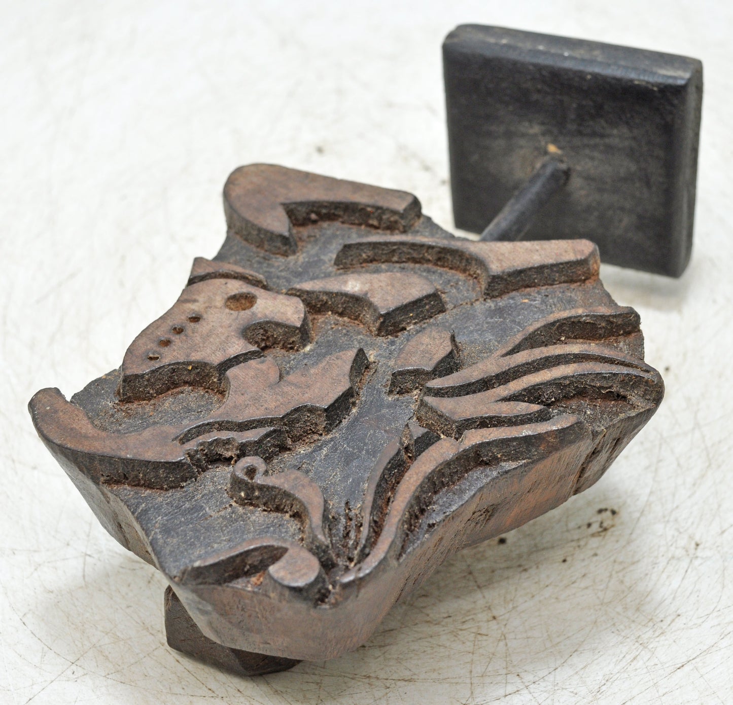Antique Wooden Textile Printing Block Carving on Stand Original Old Hand Carved
