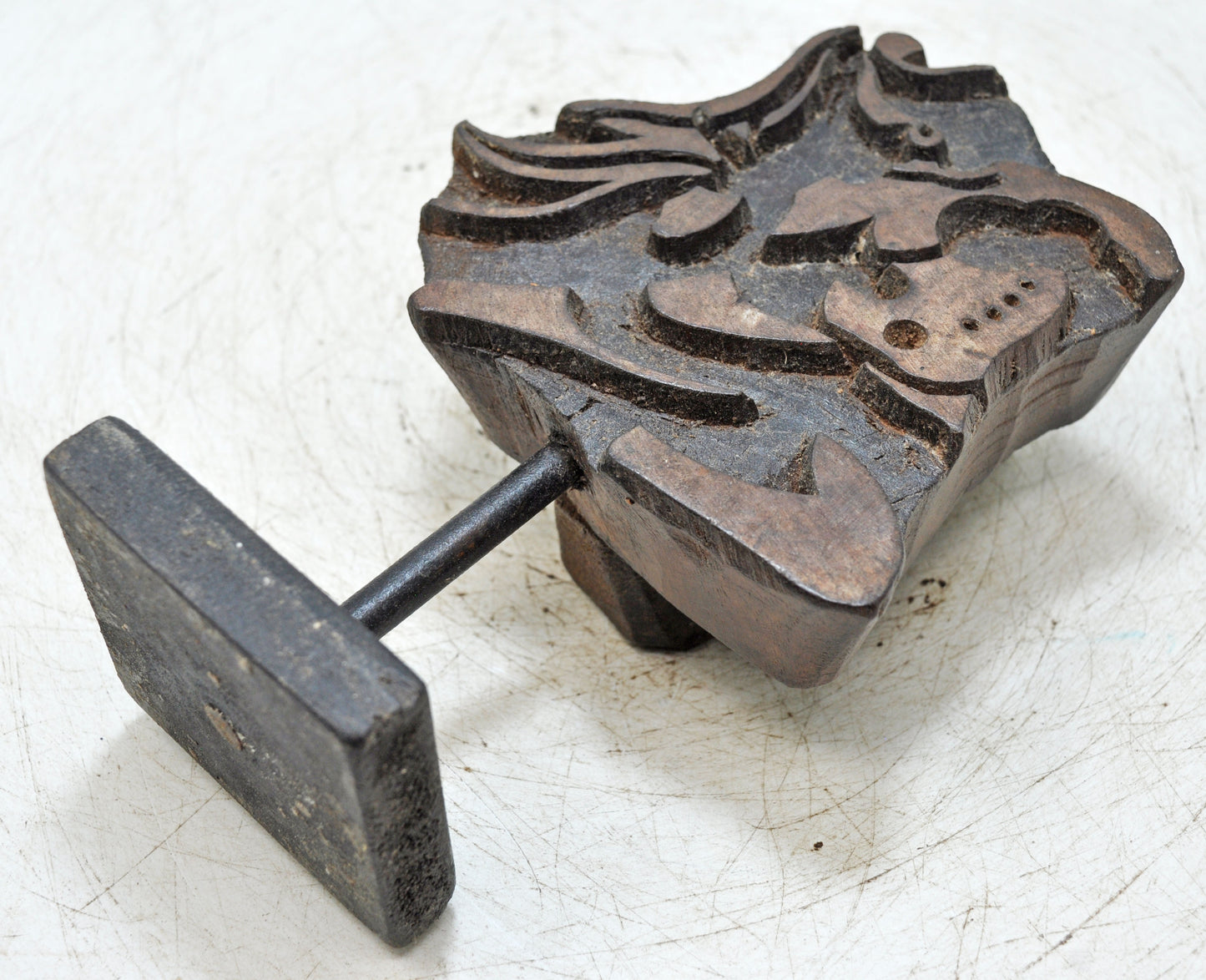 Antique Wooden Textile Printing Block Carving on Stand Original Old Hand Carved