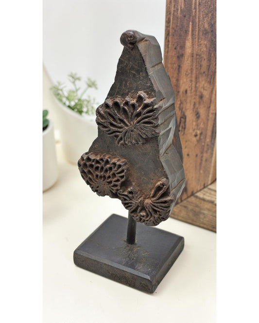 Antique Wooden Textile Printing Block Carving on Stand Original Old Hand Carved