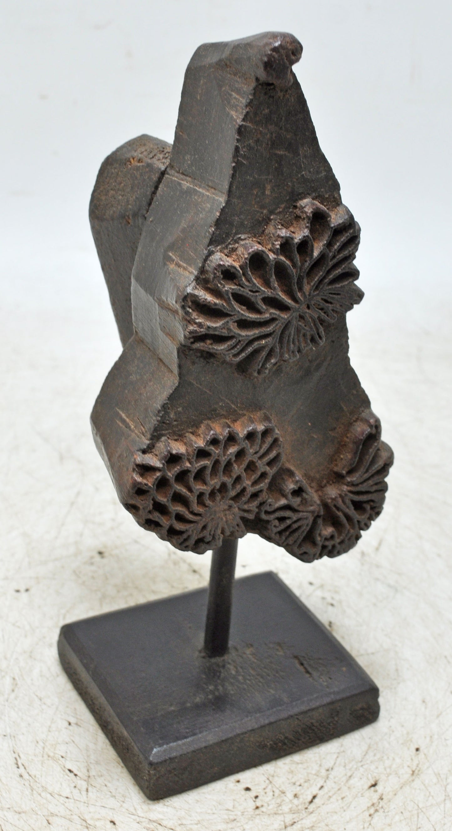 Antique Wooden Textile Printing Block Carving on Stand Original Old Hand Carved