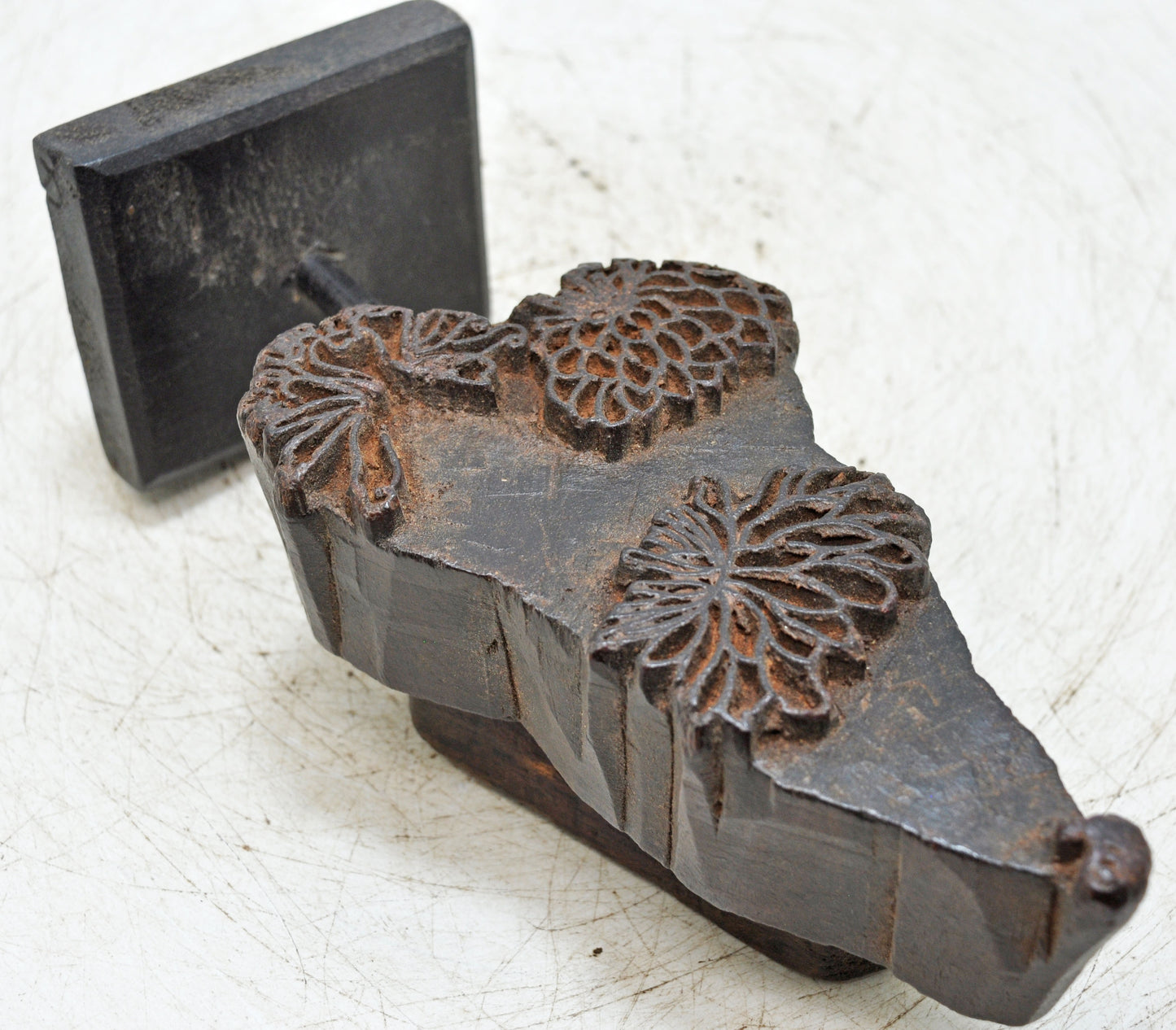 Antique Wooden Textile Printing Block Carving on Stand Original Old Hand Carved