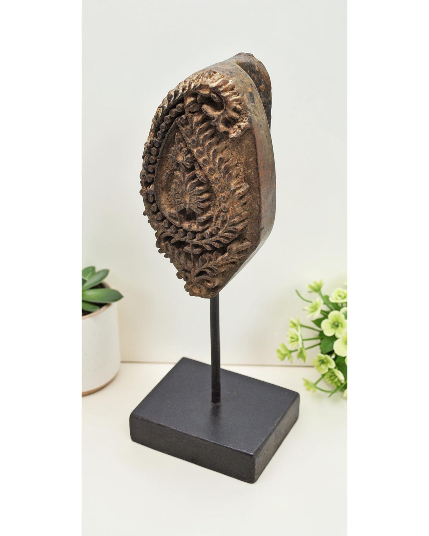 Antique Wooden Textile Printing Block Carving on Stand Original Old Hand Carved