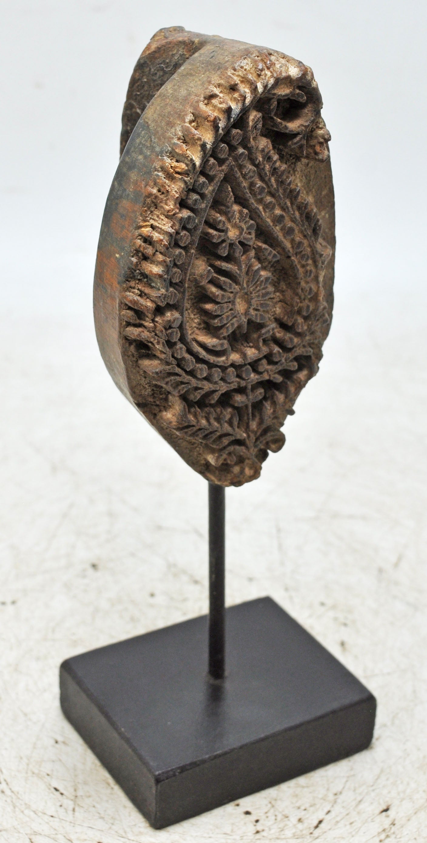 Antique Wooden Textile Printing Block Carving on Stand Original Old Hand Carved