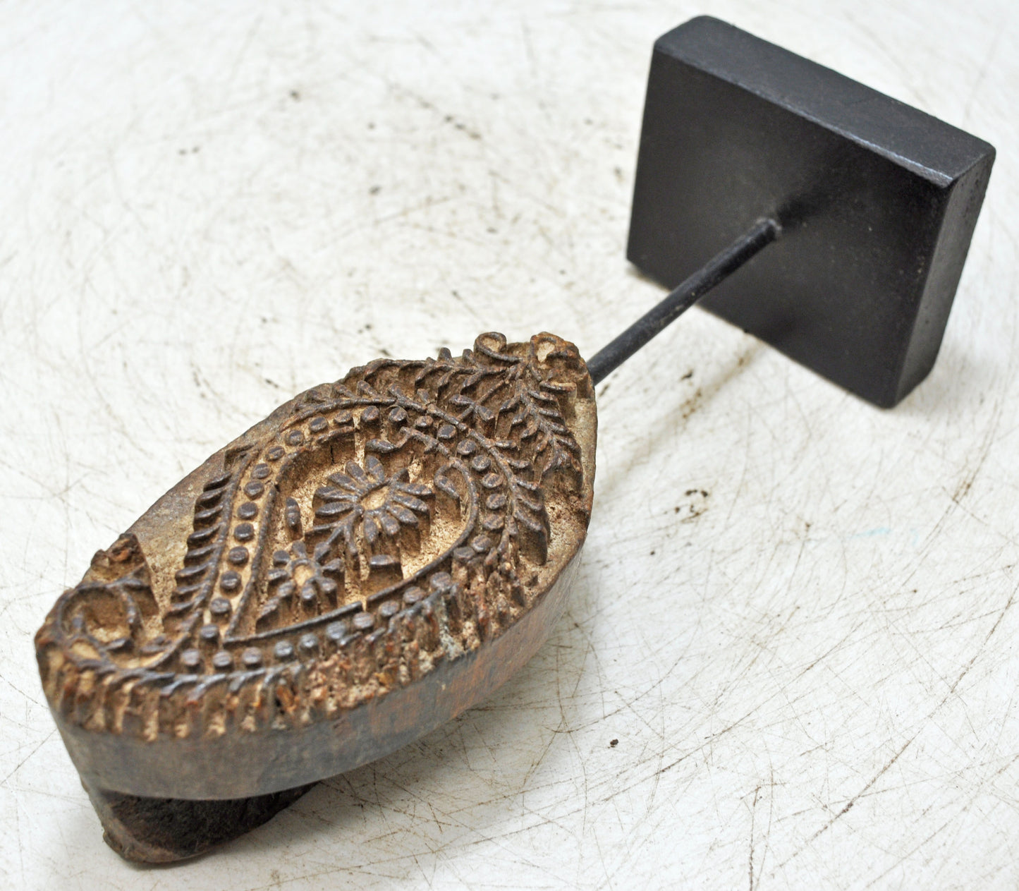 Antique Wooden Textile Printing Block Carving on Stand Original Old Hand Carved