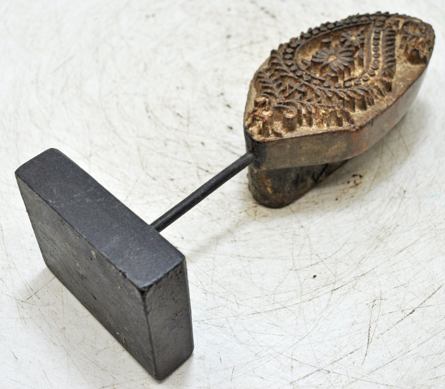 Antique Wooden Textile Printing Block Carving on Stand Original Old Hand Carved