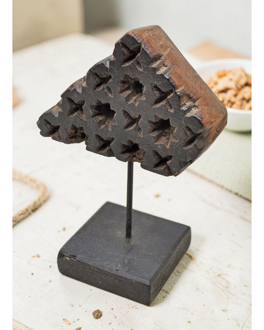 Antique Wooden Textile Printing Block Carving on Stand Original Old Hand Carved