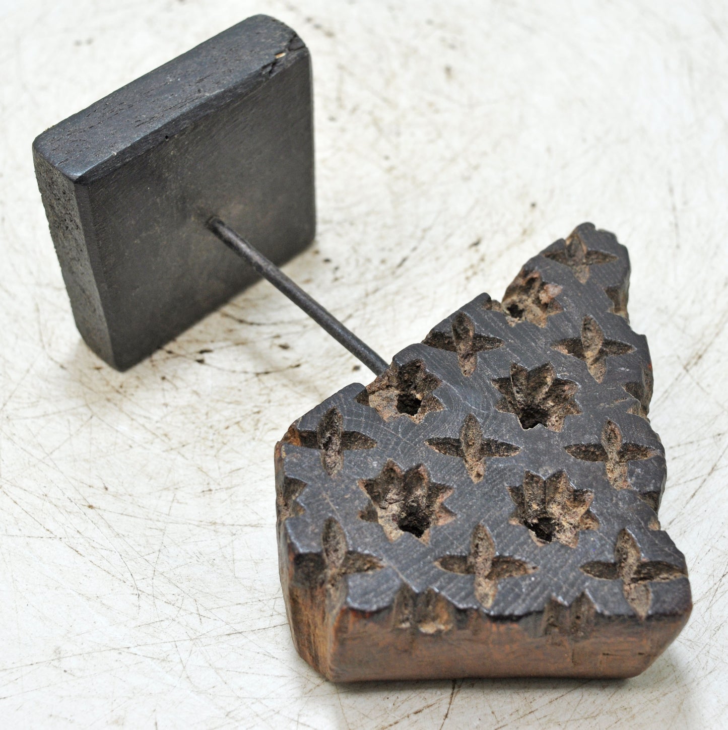 Antique Wooden Textile Printing Block Carving on Stand Original Old Hand Carved