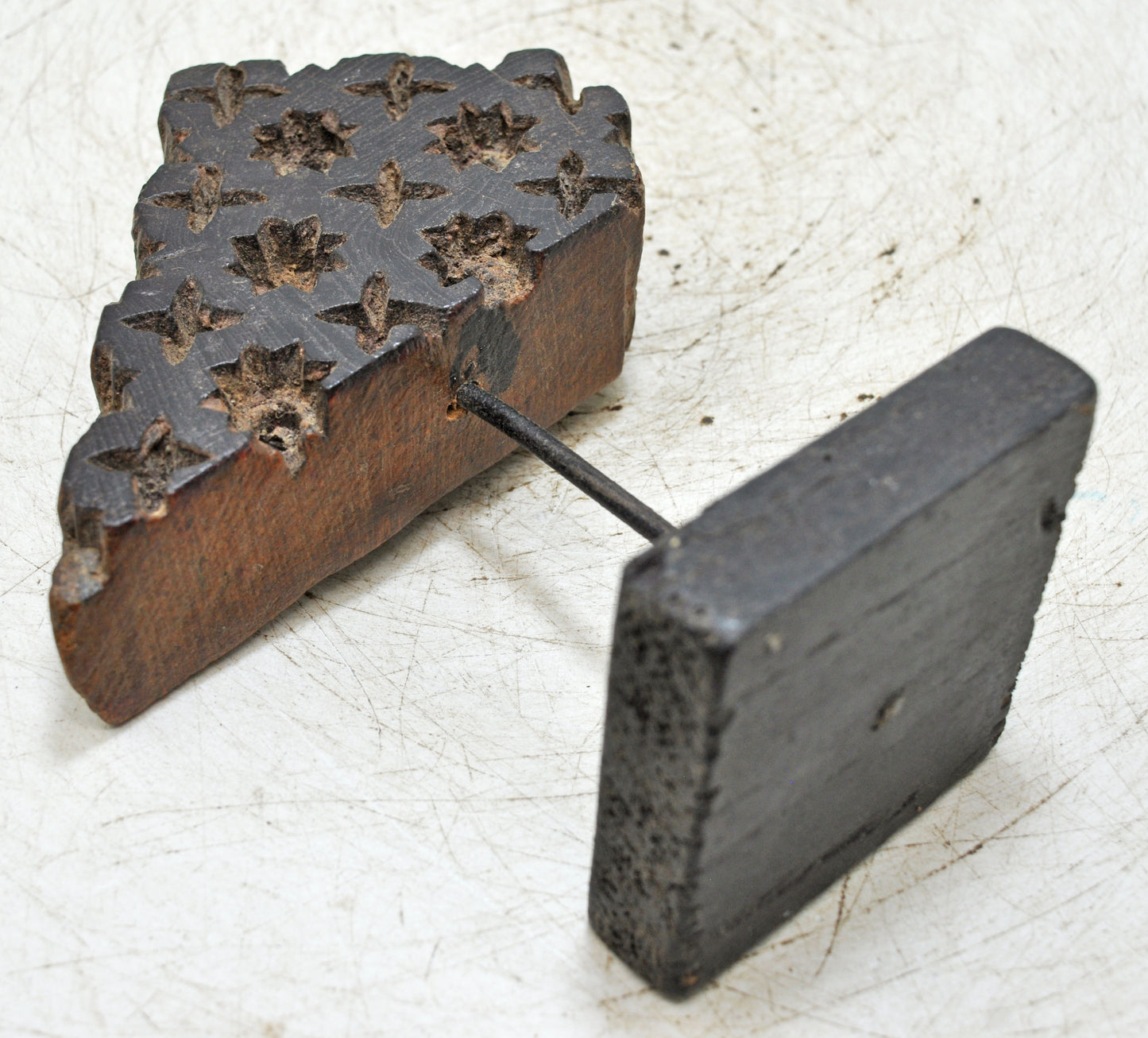 Antique Wooden Textile Printing Block Carving on Stand Original Old Hand Carved