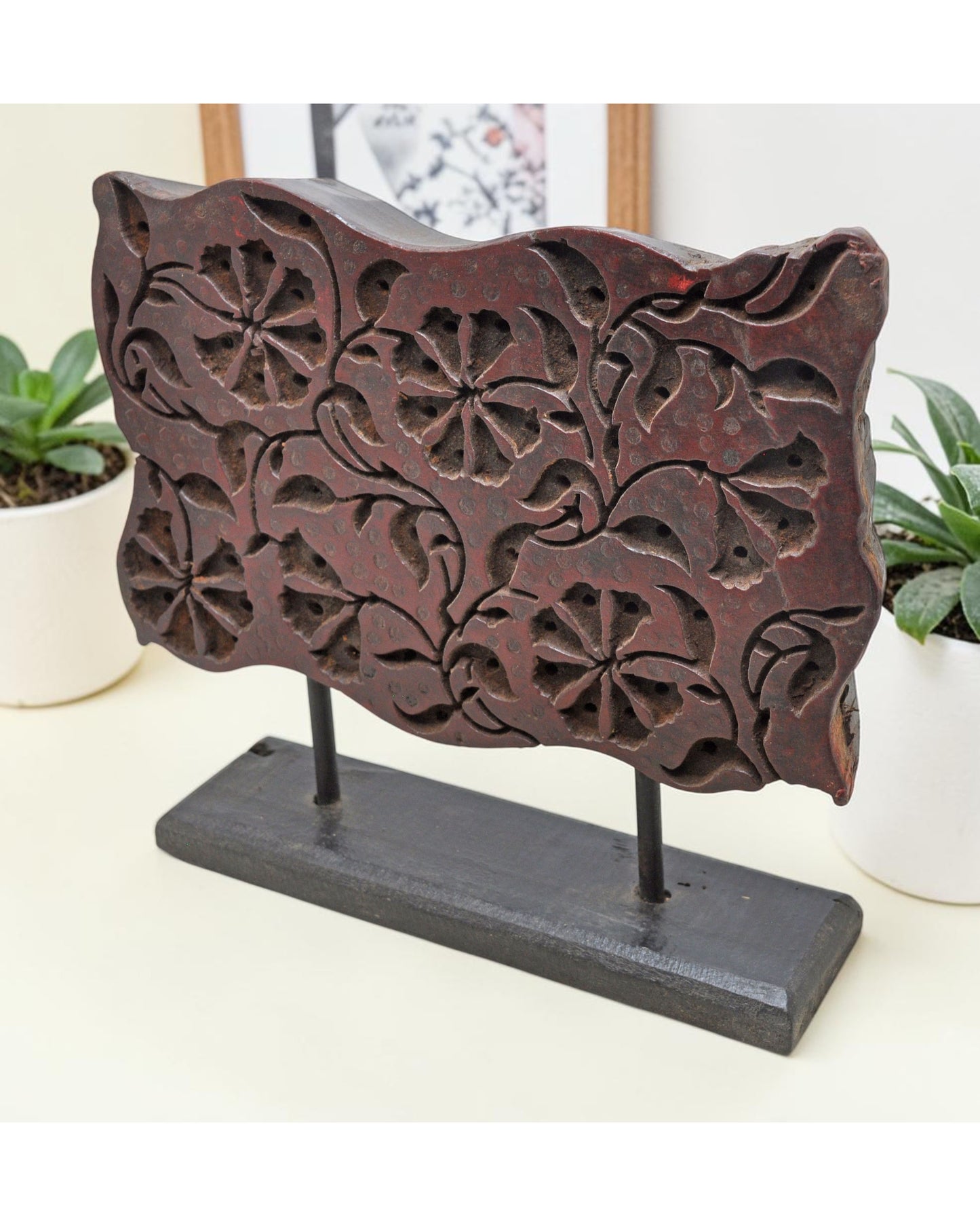 Antique Wooden Textile Printing Block Carving on Stand Original Old Hand Carved