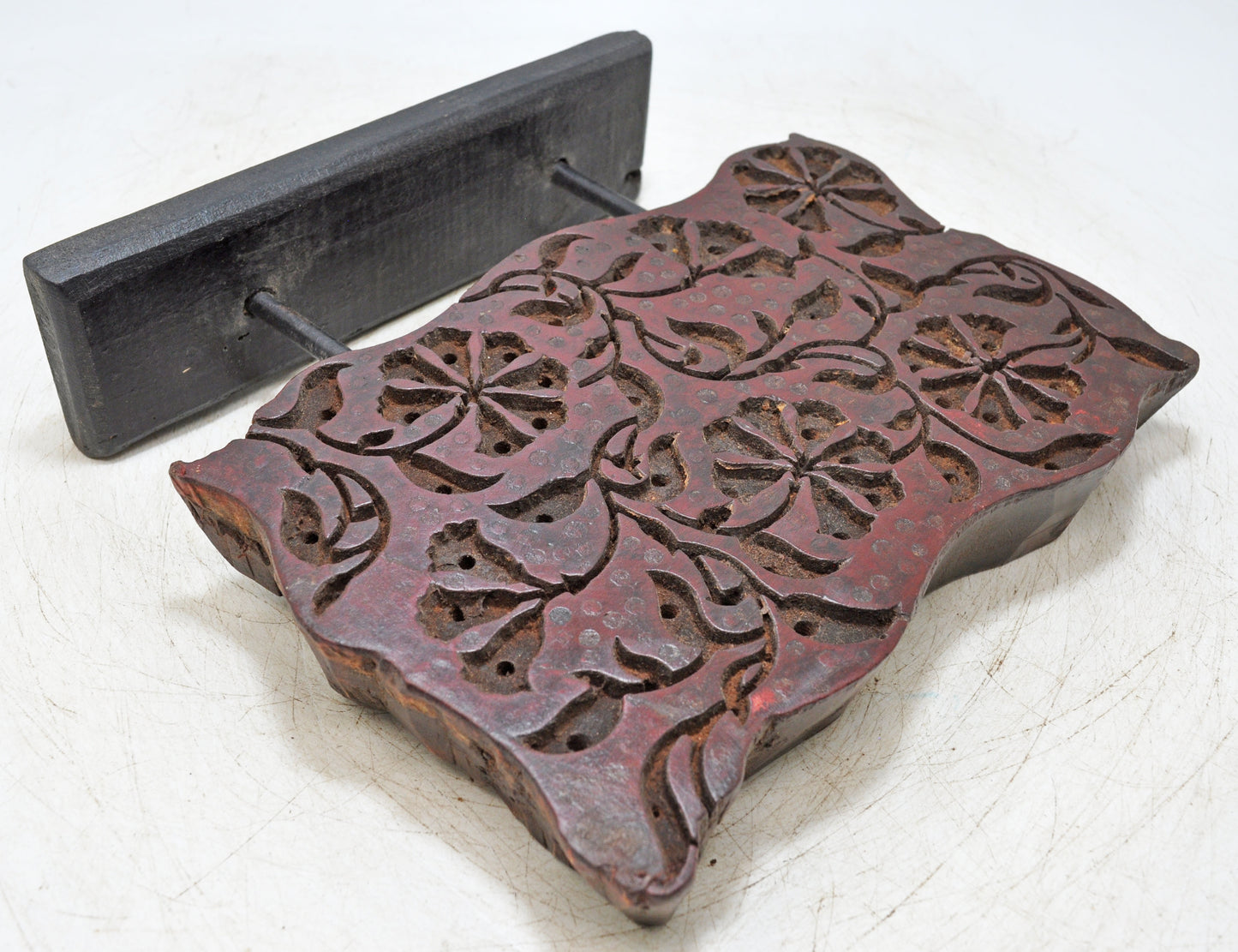 Antique Wooden Textile Printing Block Carving on Stand Original Old Hand Carved