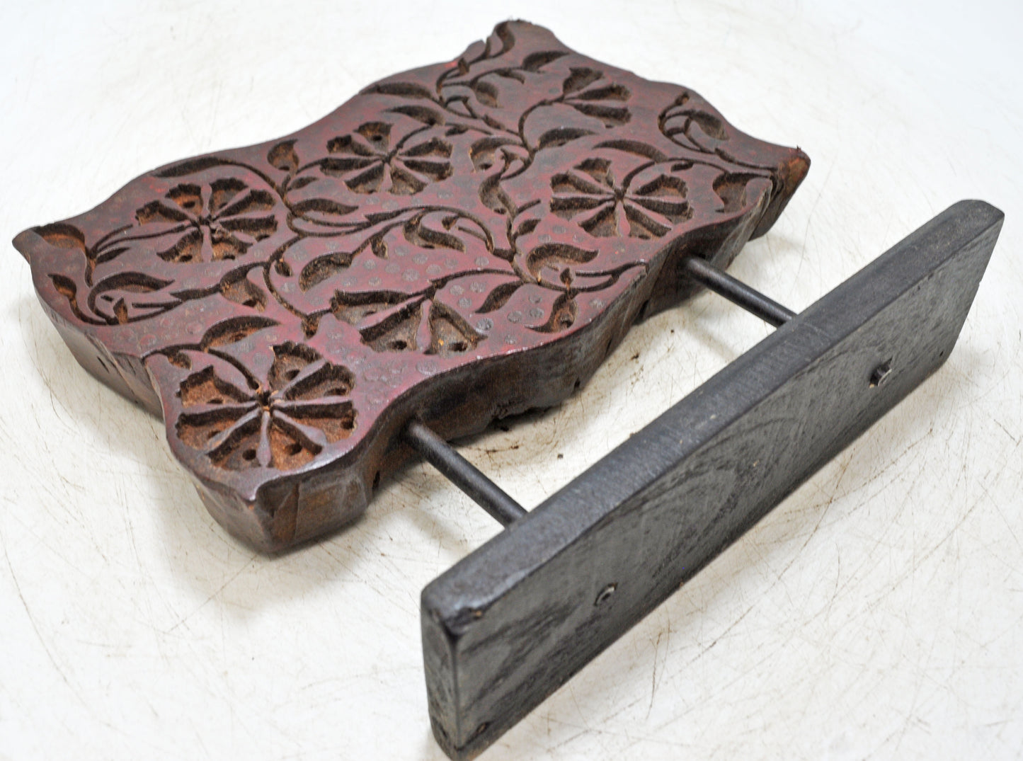 Antique Wooden Textile Printing Block Carving on Stand Original Old Hand Carved