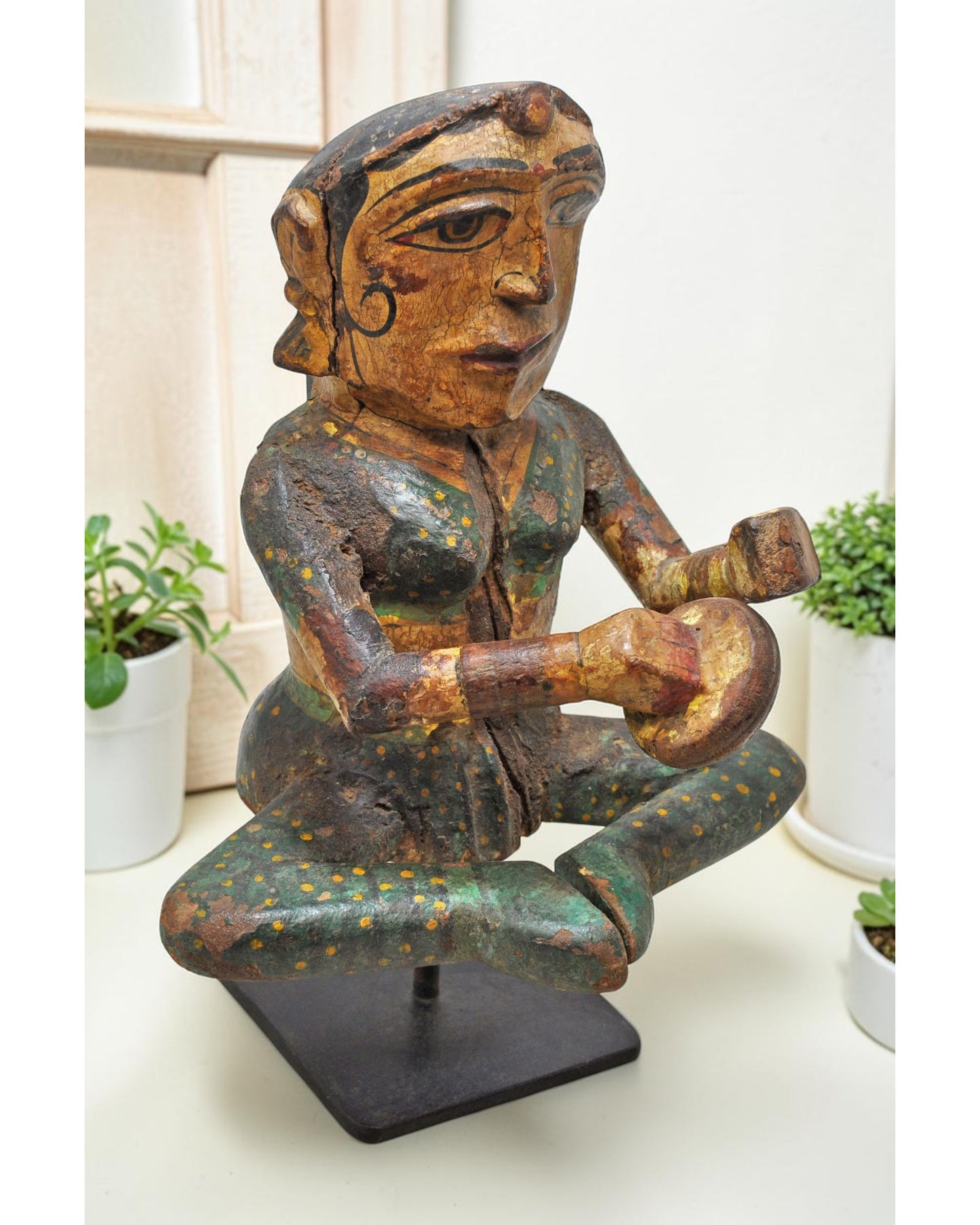 Vintage Wooden Woman Musician Figurine Original Old Hand Carved Painted