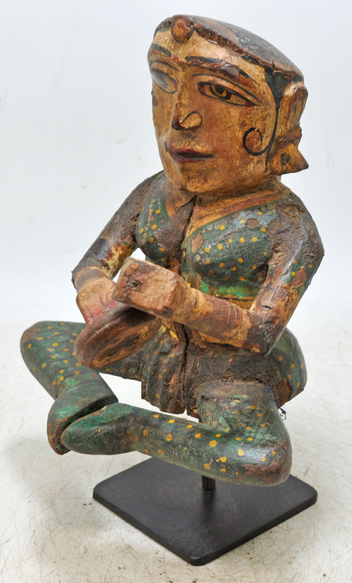 Vintage Wooden Woman Musician Figurine Original Old Hand Carved Painted