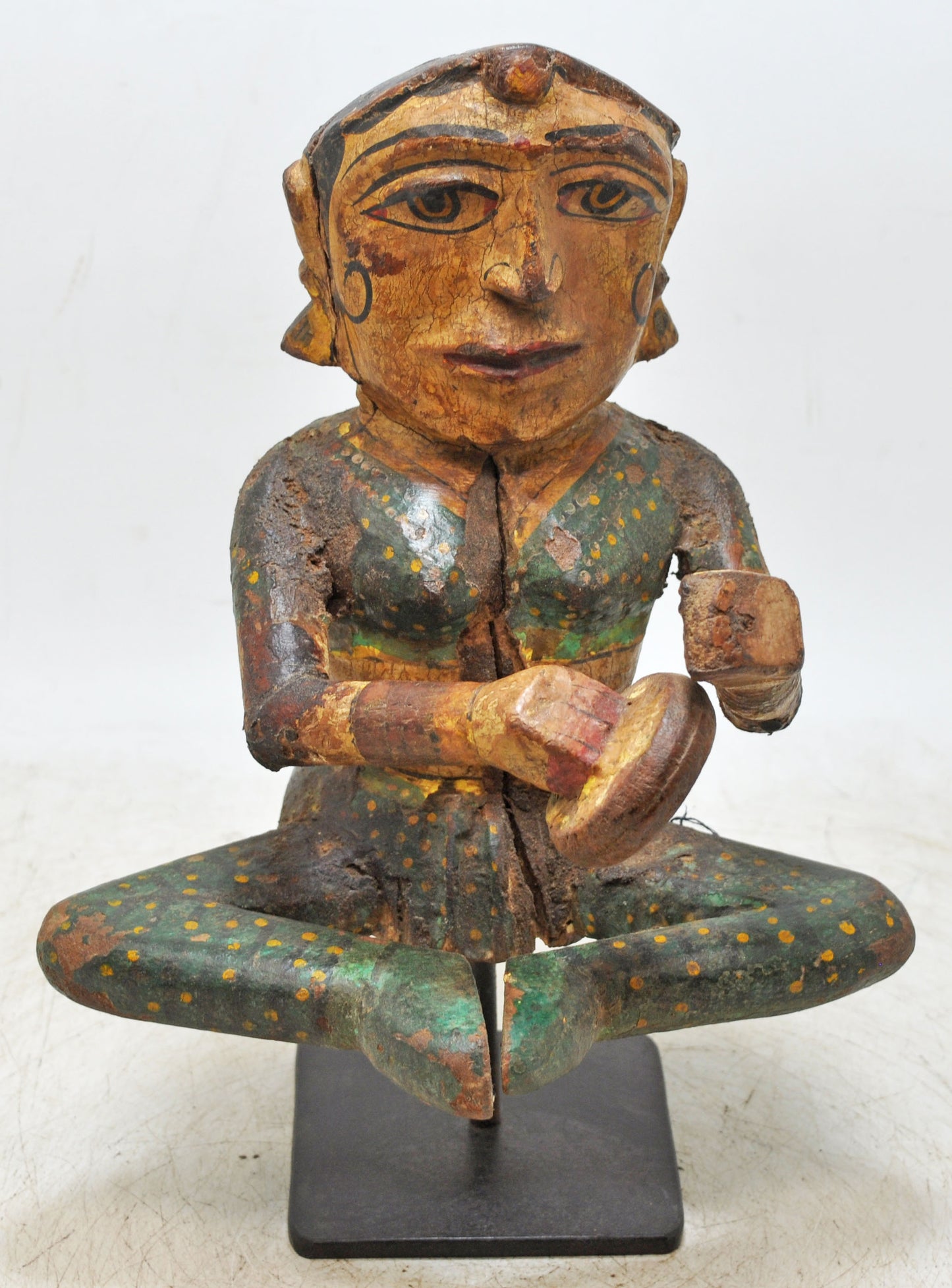 Vintage Wooden Woman Musician Figurine Original Old Hand Carved Painted