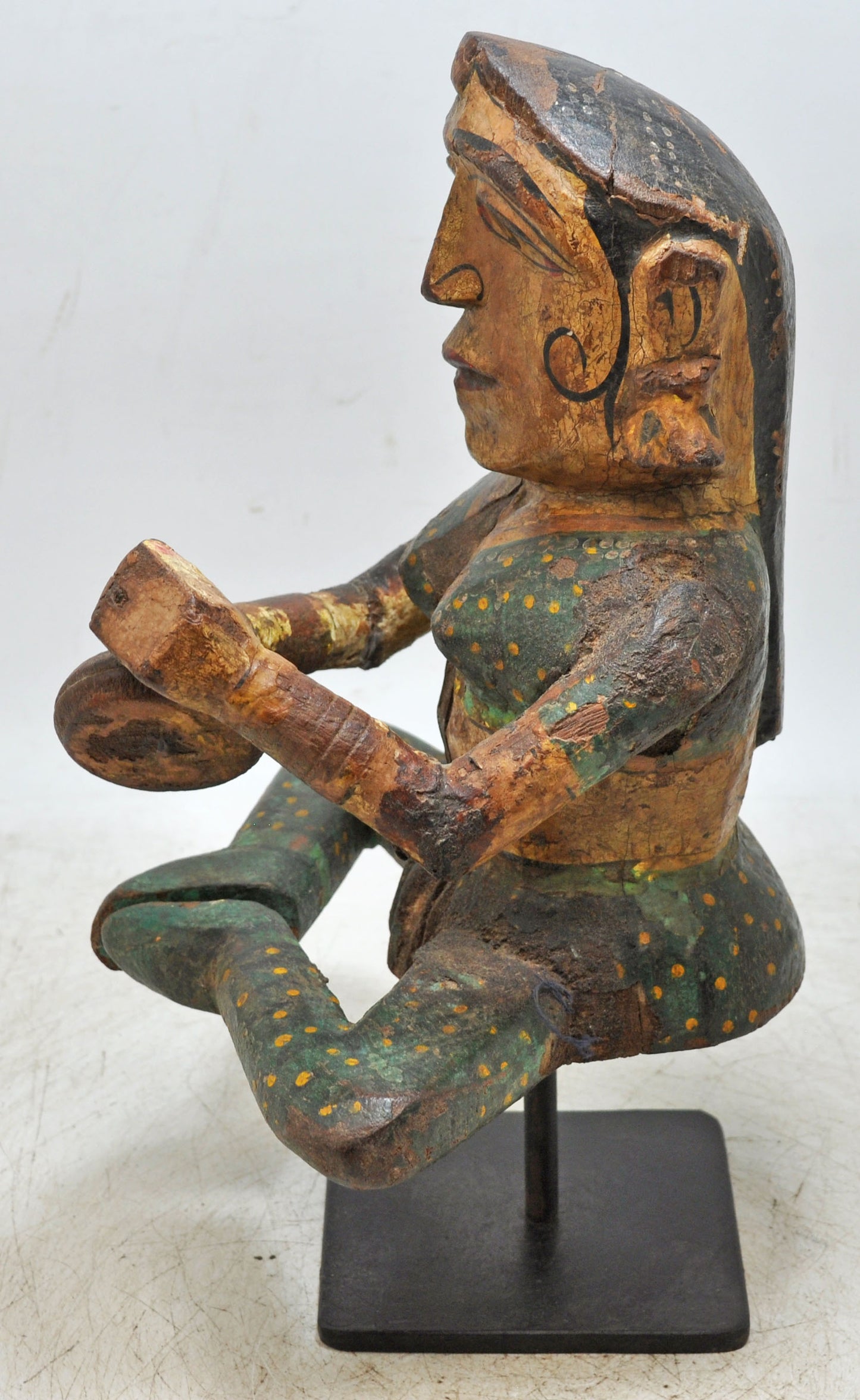 Vintage Wooden Woman Musician Figurine Original Old Hand Carved Painted