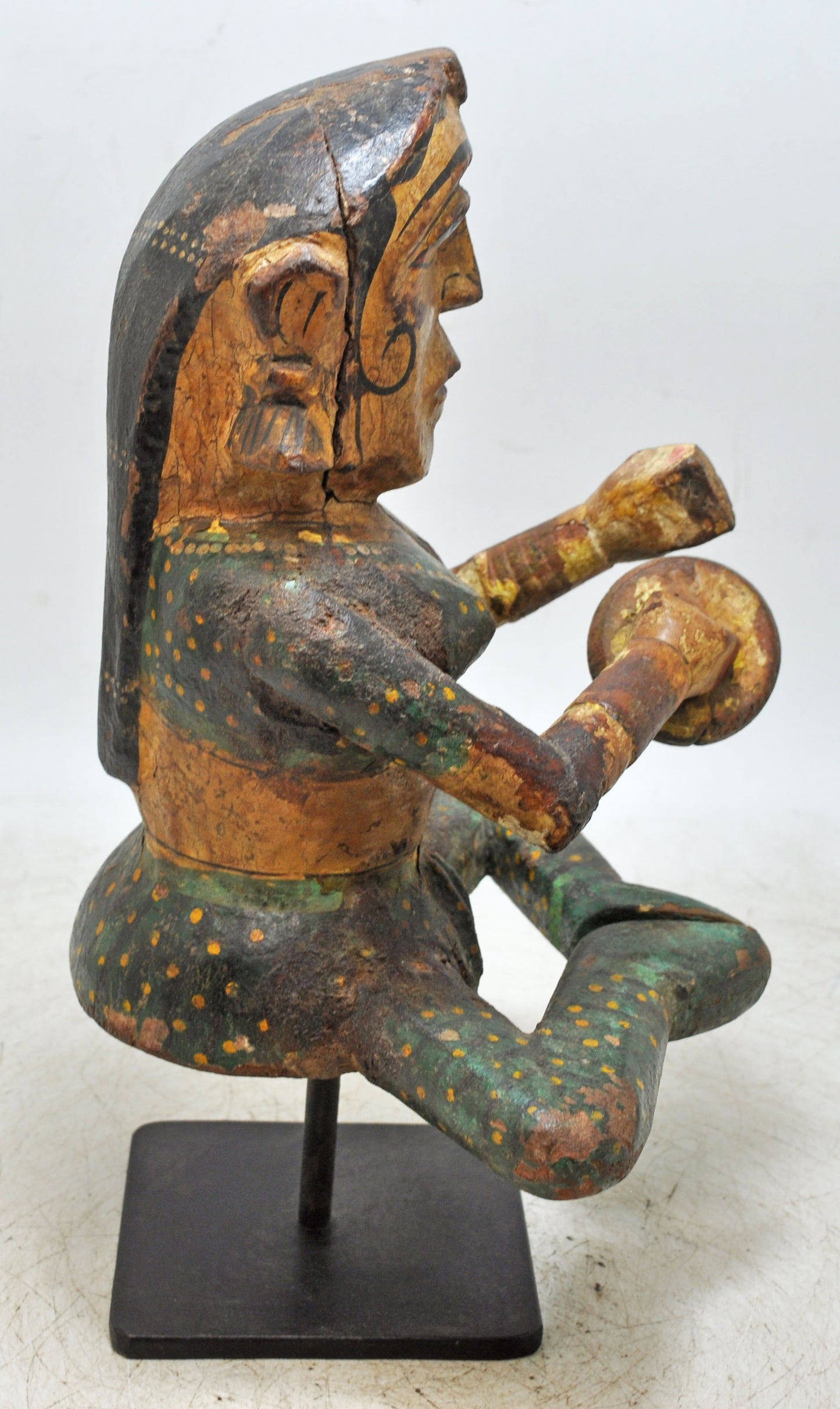 Vintage Wooden Woman Musician Figurine Original Old Hand Carved Painted