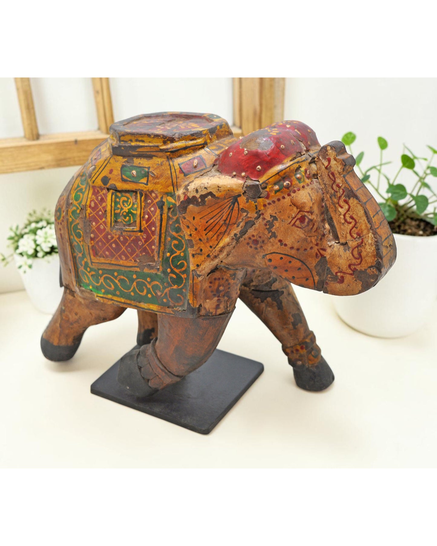Vintage Wooden Elephant Figurine Original Old Hand Carved Fine Painted