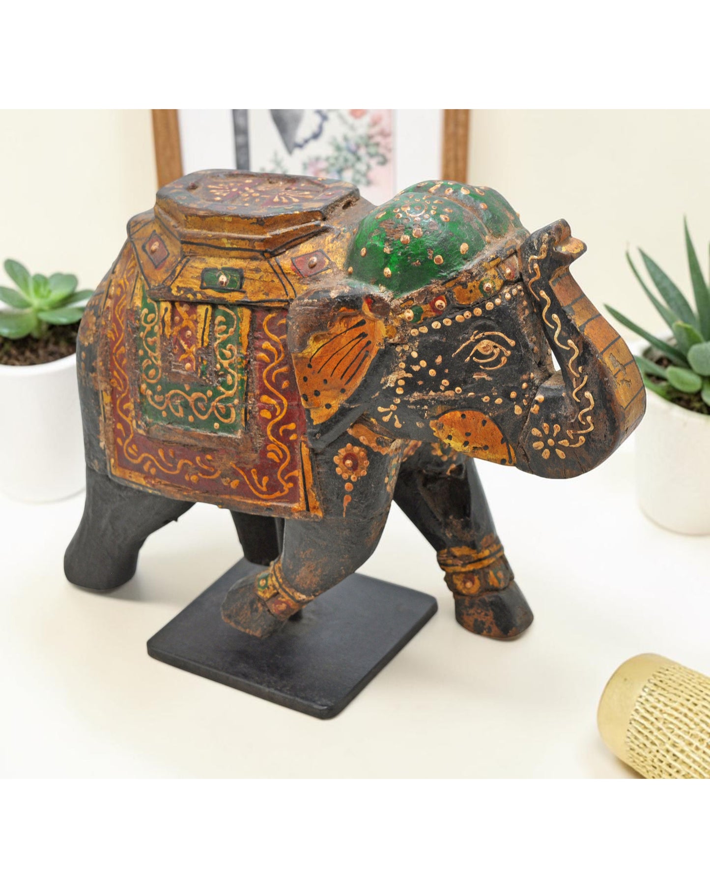 Vintage Wooden Elephant Figurine Original Old Hand Carved Fine Painted