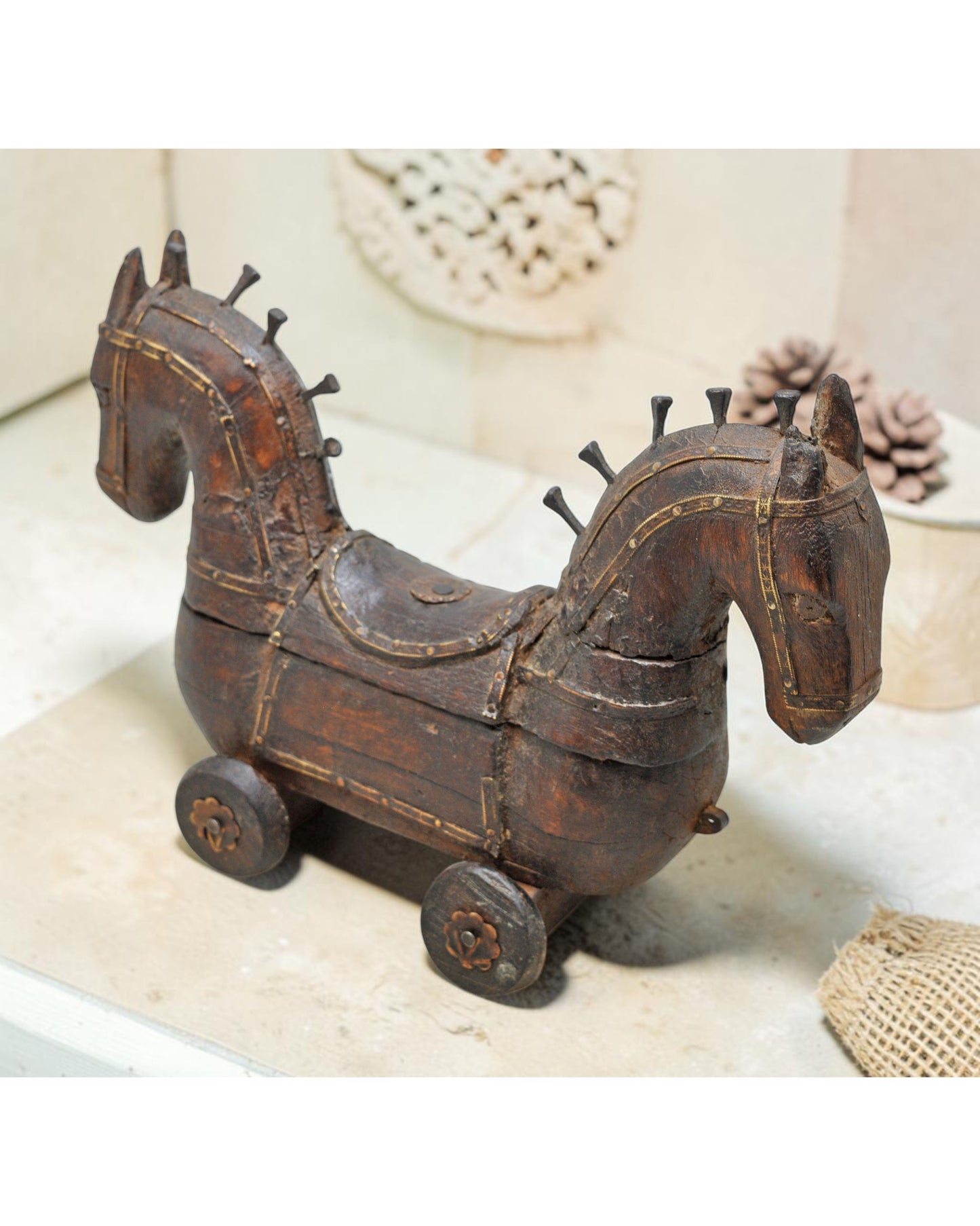 Vintage Wooden Horse on Wheels Figurine Spice Box Original Old Fine Hand Carved