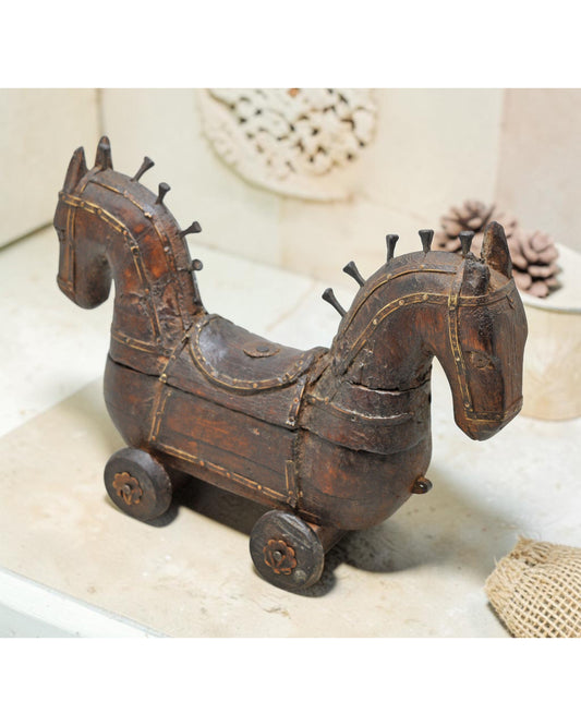 Vintage Wooden Horse on Wheels Figurine Spice Box Original Old Fine Hand Carved