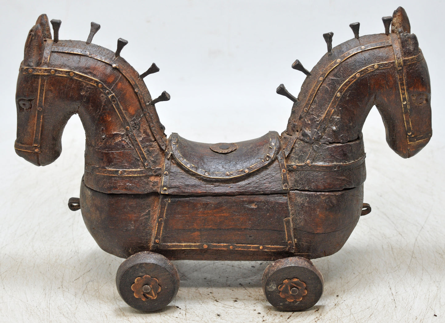 Vintage Wooden Horse on Wheels Figurine Spice Box Original Old Fine Hand Carved