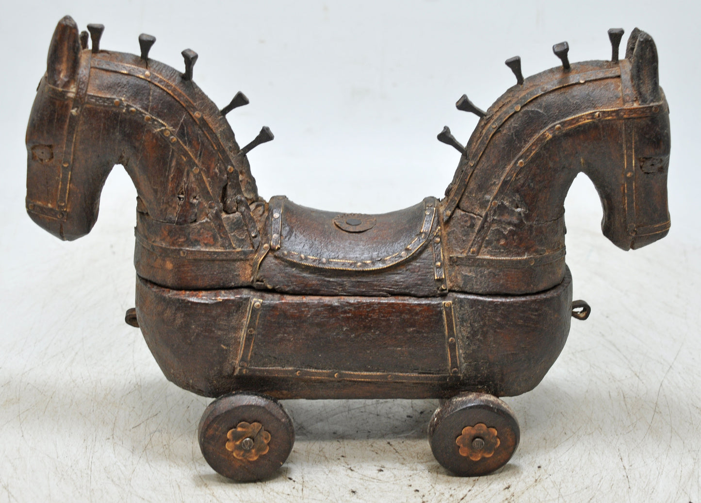 Vintage Wooden Horse on Wheels Figurine Spice Box Original Old Fine Hand Carved