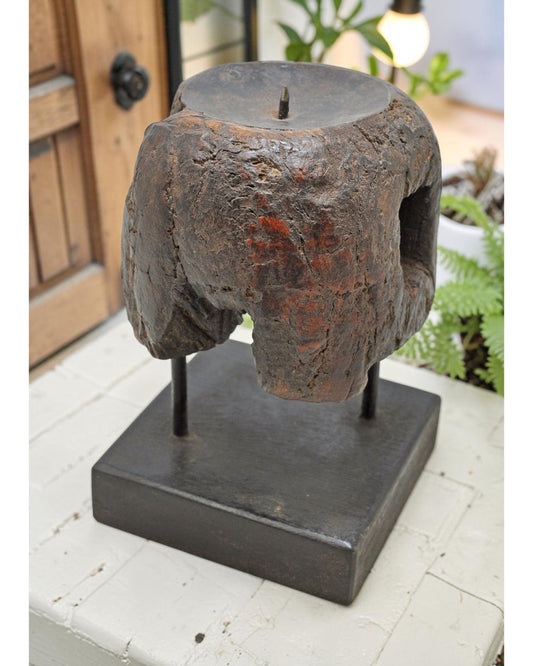 Antique Wooden Candle Holder Stand Original Old Hand Carved