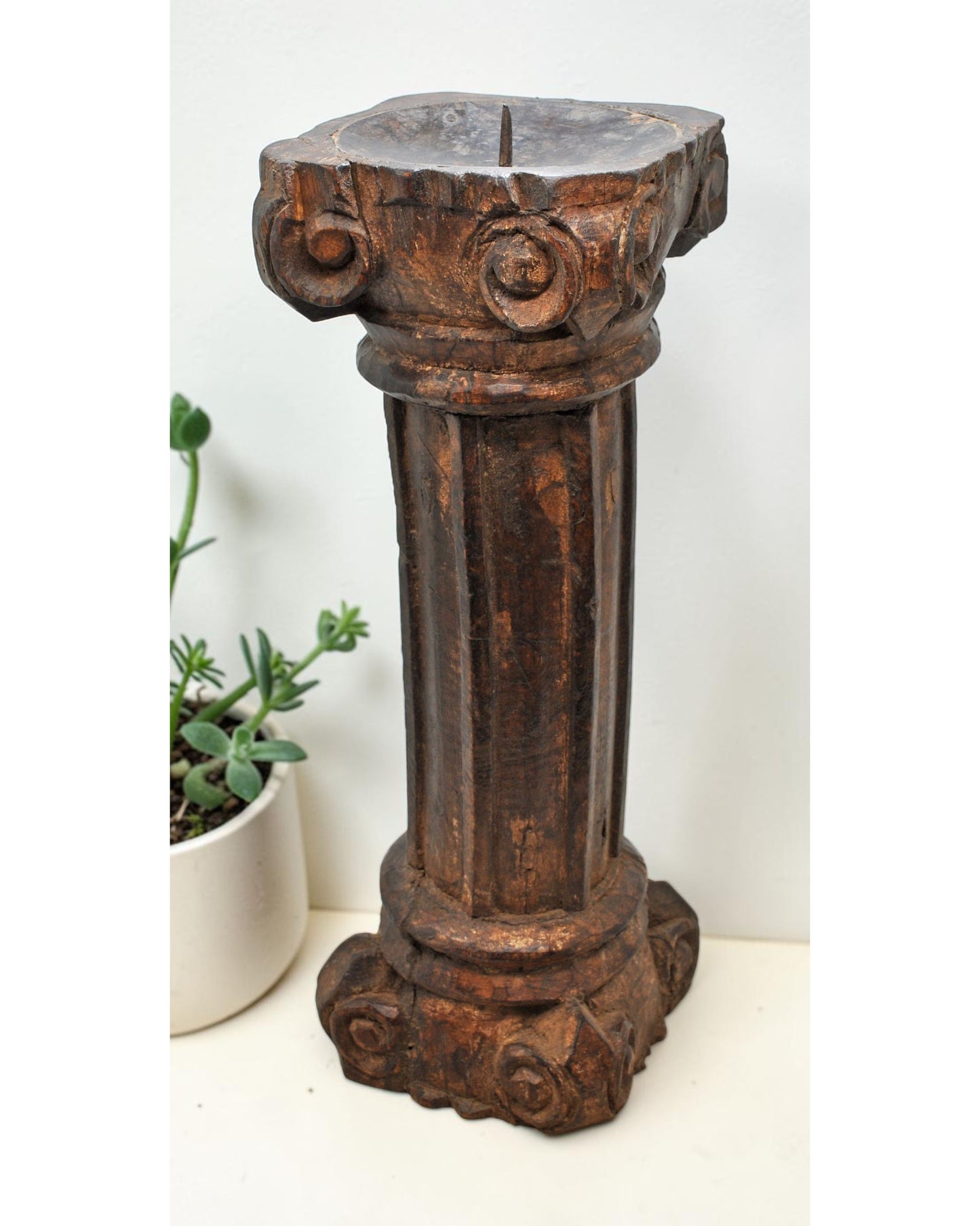 Antique Wooden Pillar Candle Holder Stand Original Old Fine Hand Carved