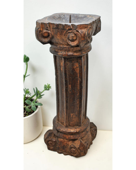 Antique Wooden Pillar Candle Holder Stand Original Old Fine Hand Carved