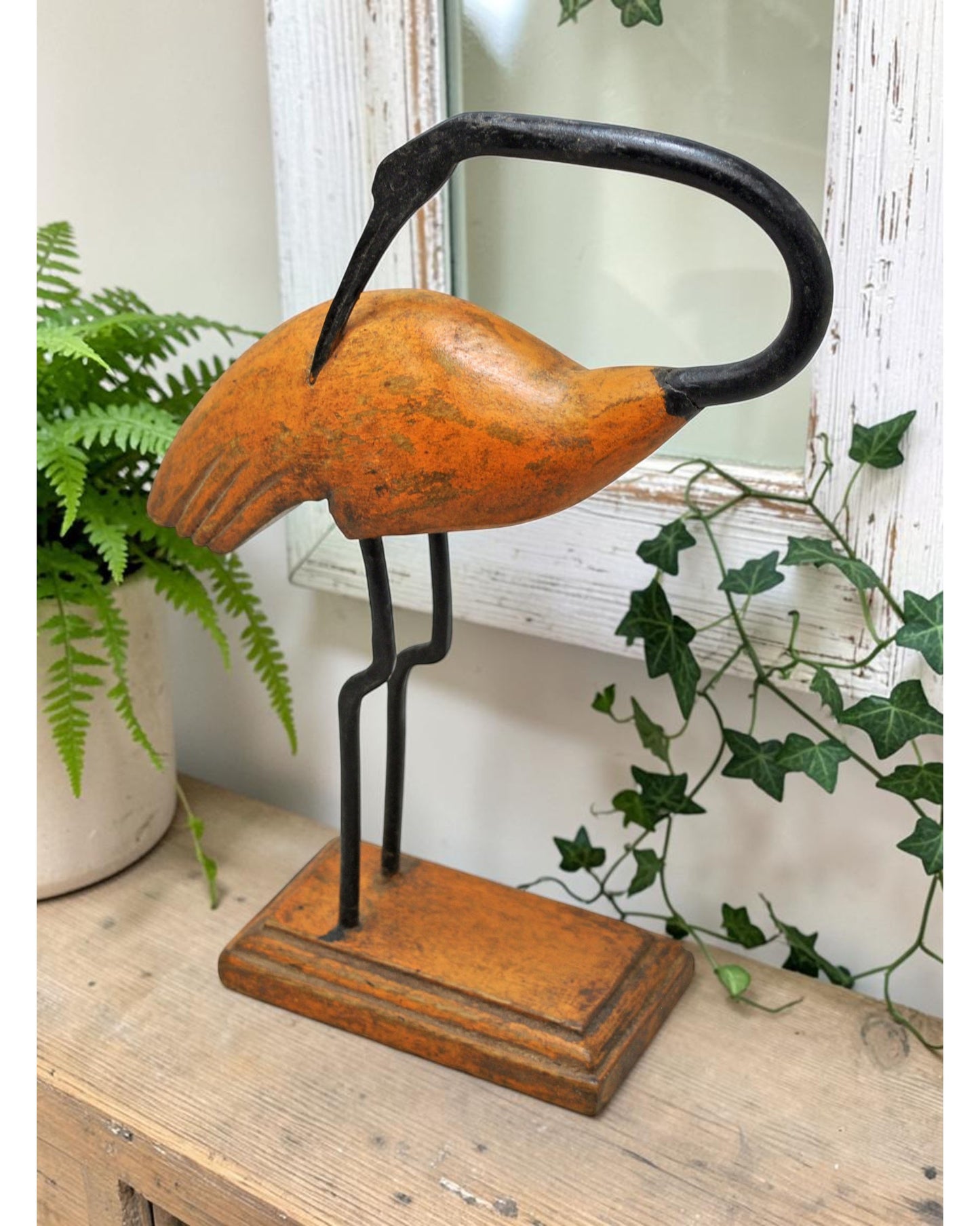 Vintage Wooden Crane Bird Figurine Original Old Hand Carved