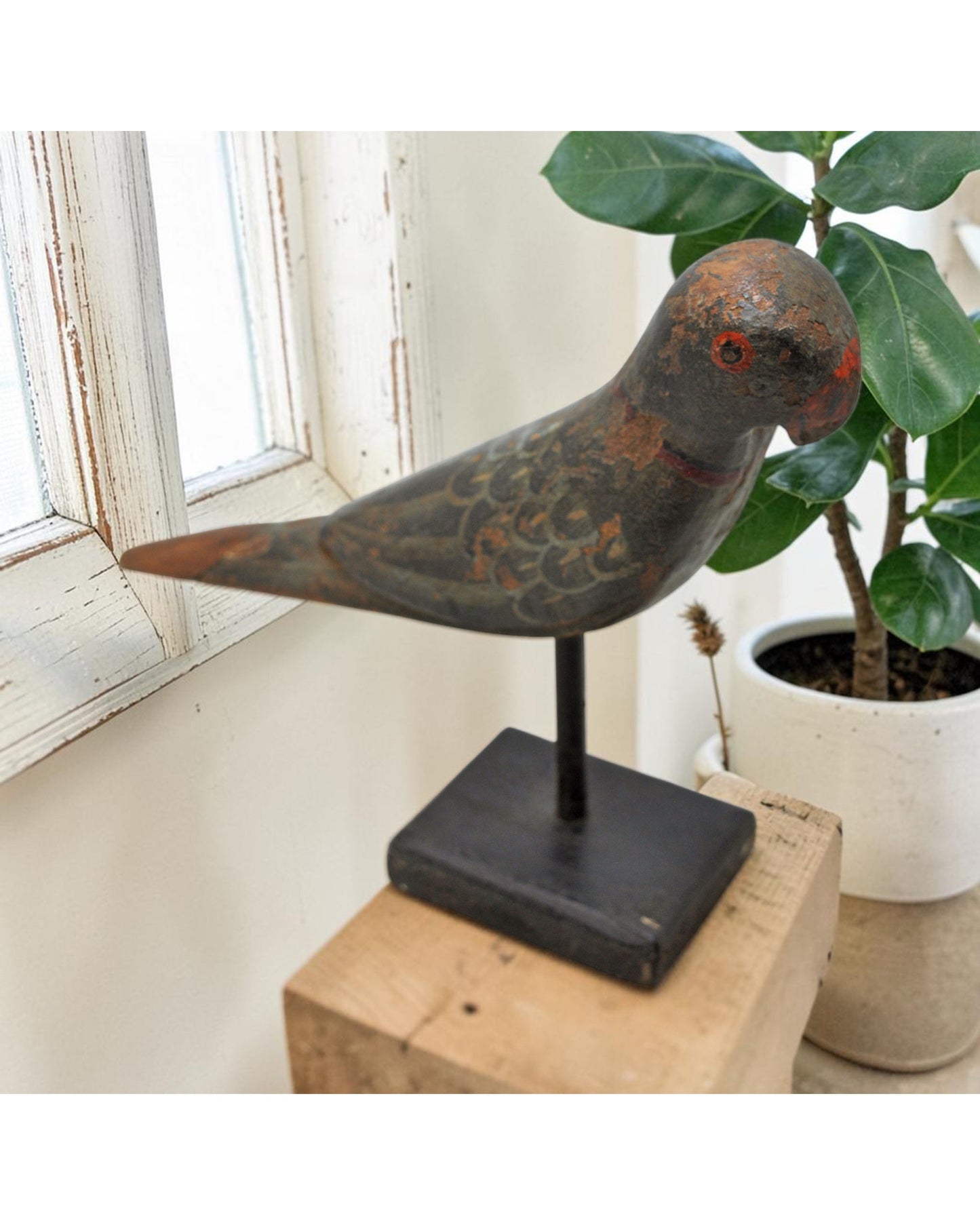 Vintage Wooden Bird Figurine Original Old Hand Carved Painted