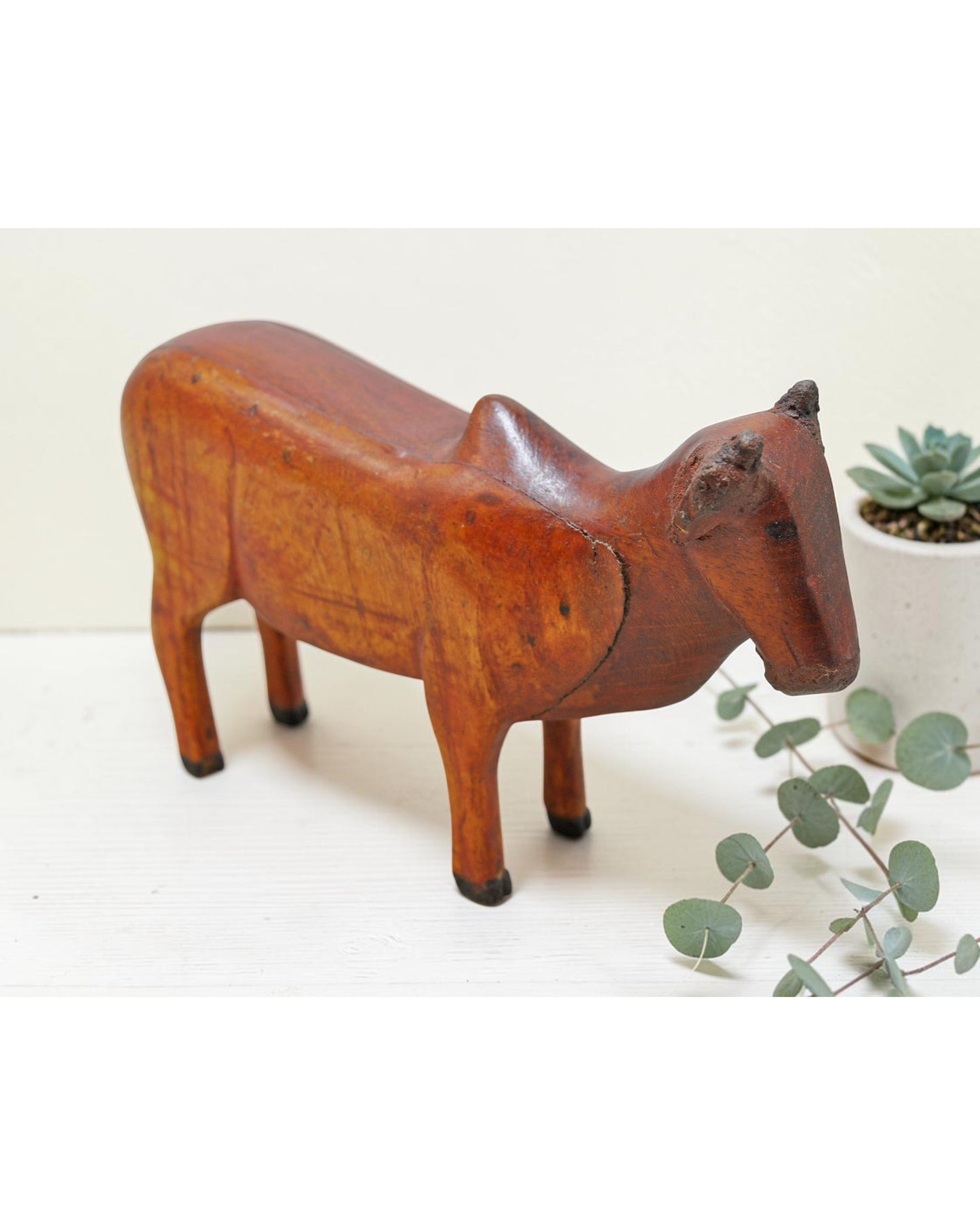 Vintage Wooden Cow Figurine Original Old Hand Carved